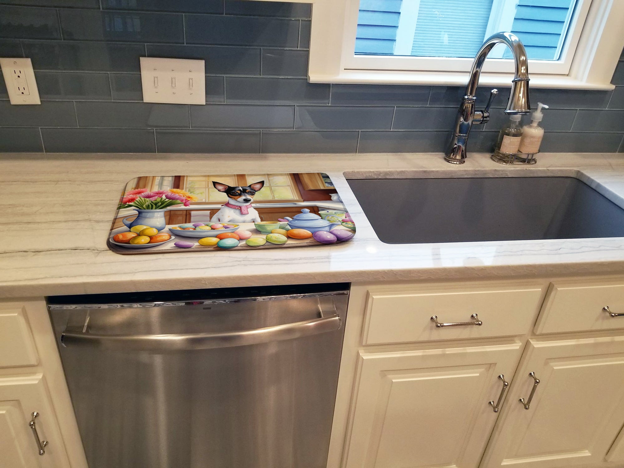 Decorating Easter Rat Terrier Dish Drying Mat Absorbent Dish Drying Mat Pad for Kitchen Counter Dish Drainer Mat for Countertop, 14 x 21", Multicolor