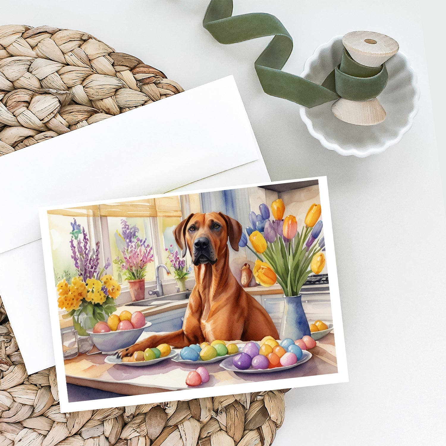 Decorating Easter Rhodesian Ridgeback Greeting Cards Pack of 8 Blank Cards with Envelopes Whimsical A7 Size 5x7