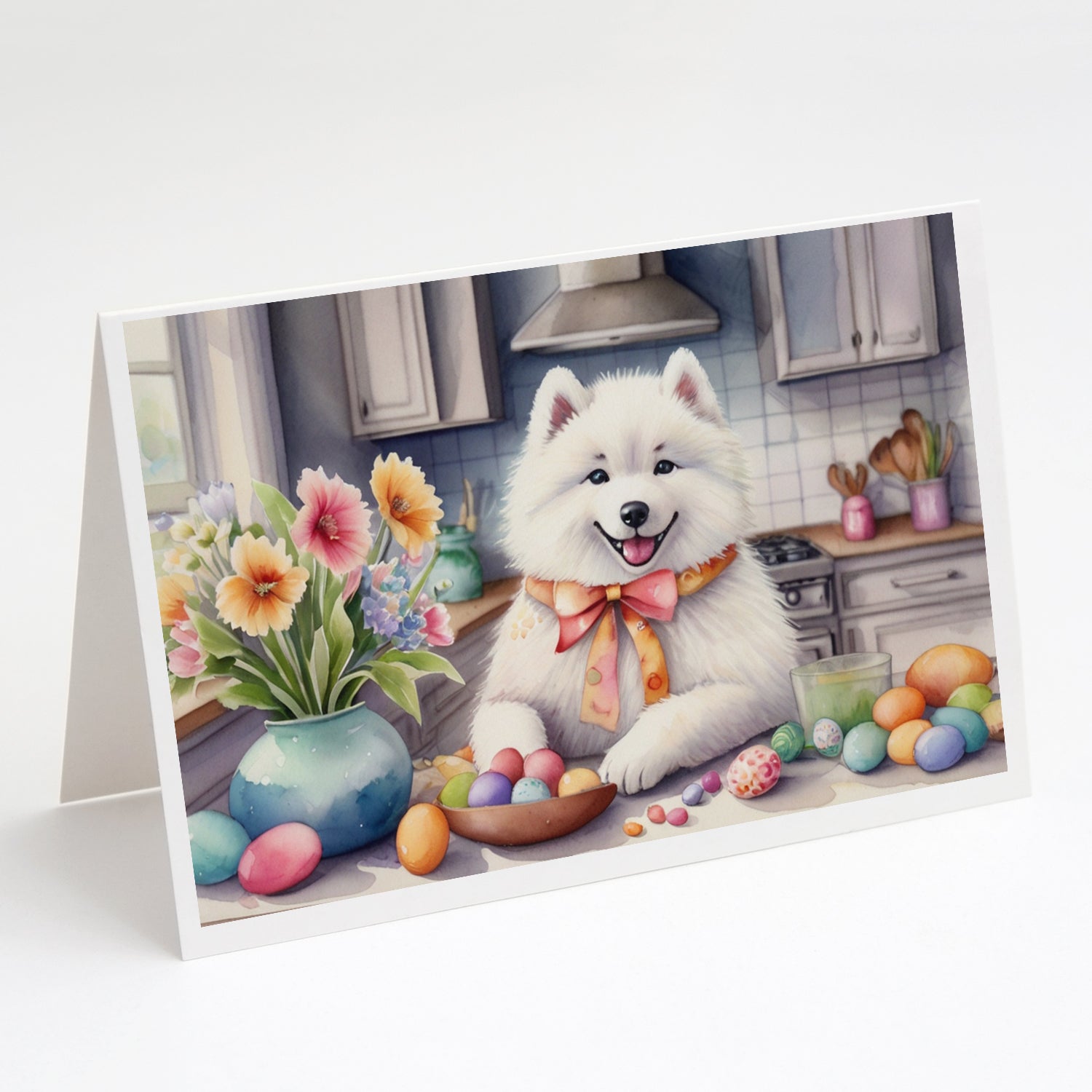 Decorating Easter Samoyed Greeting Cards Pack of 8 Blank Cards with Envelopes Whimsical A7 Size 5x7