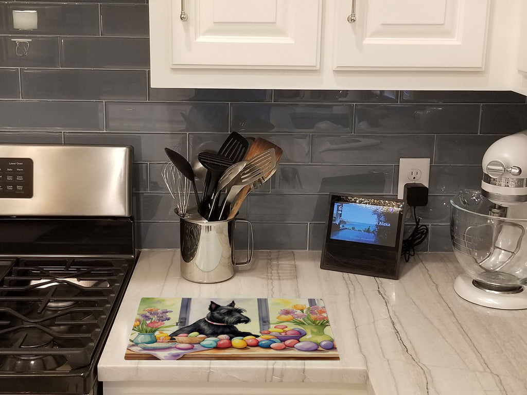 Decorating Easter Scottish Terrier Cutting Board Tempered Glass Kitchen Cutting Surface, Heat Resistant Chopping, Non-Slip Feet, Food Prep & Serving
