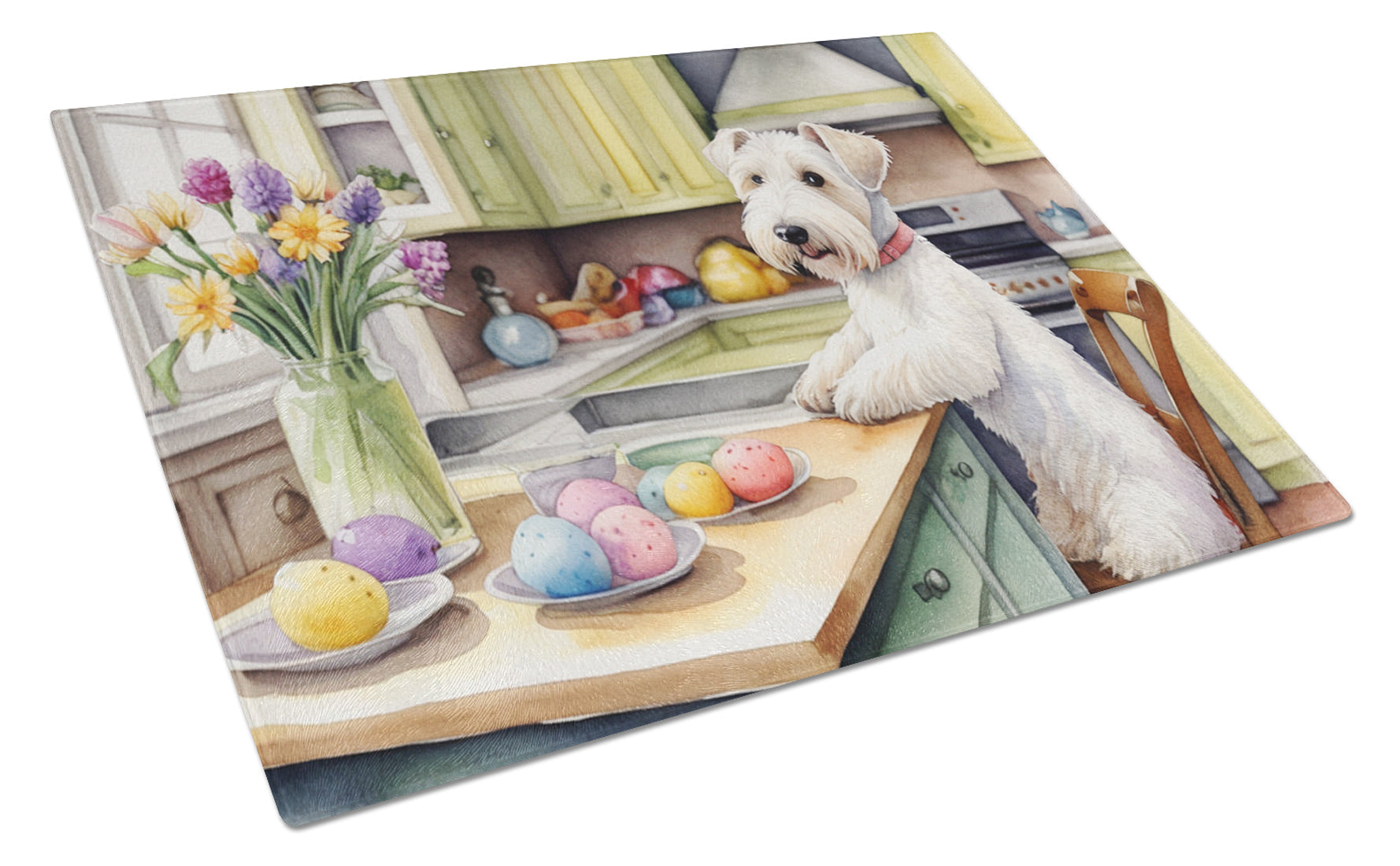 Decorating Easter Sealyham Terrier Cutting Board Tempered Glass Kitchen Cutting Surface, Heat Resistant Chopping, Non-Slip Feet, Food Prep & Serving