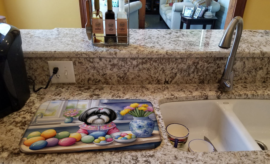 Decorating Easter Shih Tzu Dish Drying Mat Absorbent Dish Drying Mat Pad for Kitchen Counter Dish Drainer Mat for Countertop, 14 x 21", Multicolor