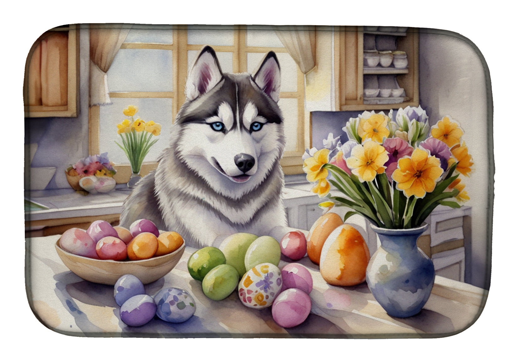 Decorating Easter Siberian Husky Dish Drying Mat Absorbent Dish Drying Mat Pad for Kitchen Counter Dish Drainer Mat for Countertop, 14 x 21", Multicolor