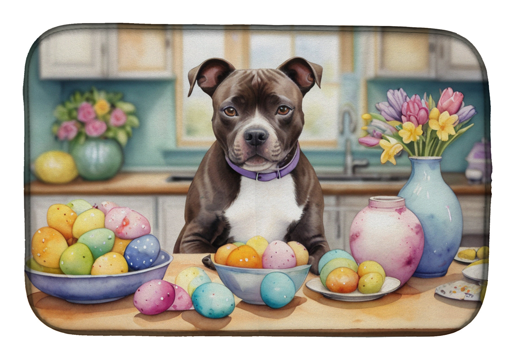 Decorating Easter Staffordshire Bull Terrier Dish Drying Mat Absorbent Dish Drying Mat Pad for Kitchen Counter Dish Drainer Mat for Countertop, 14 x 21", Multicolor