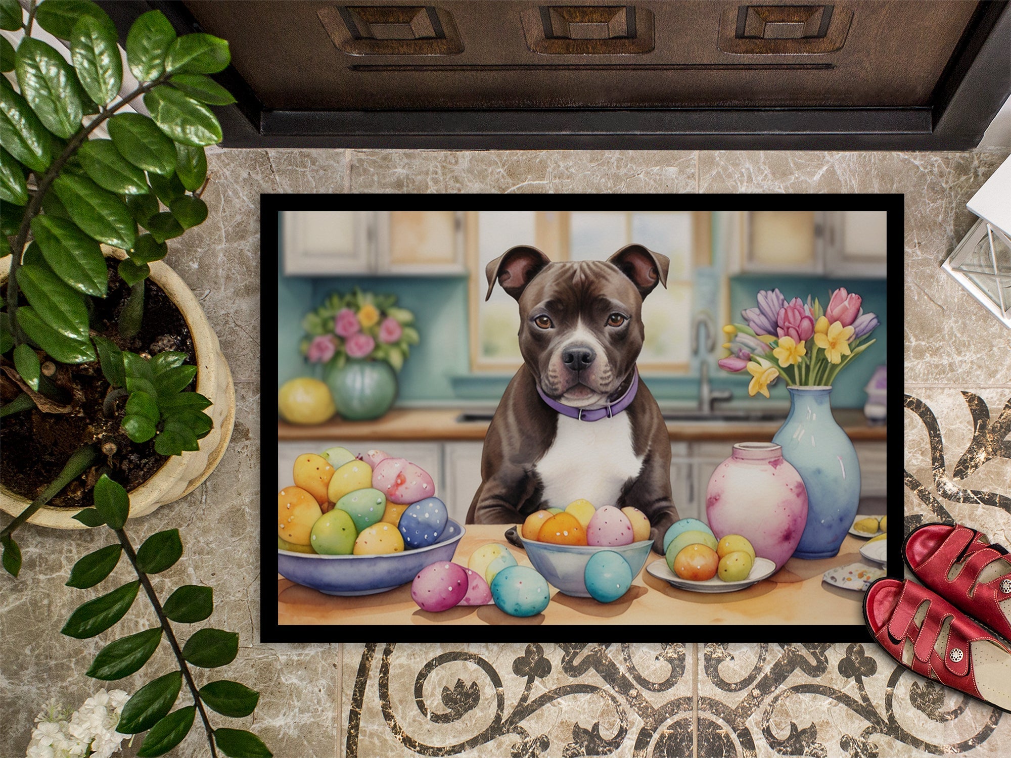 Decorating Easter Staffordshire Bull Terrier Doormat Indoor Outdoor 24H X 36W Front Door Mat Rugs for Entryway, Non Slip Washable Low Pile,