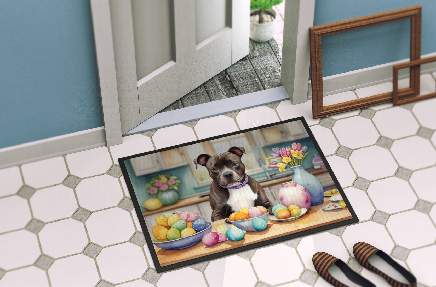 Decorating Easter Staffordshire Bull Terrier Doormat Indoor Outdoor 18H X 27W Front Door Mat Rugs for Entryway, Non Slip Washable