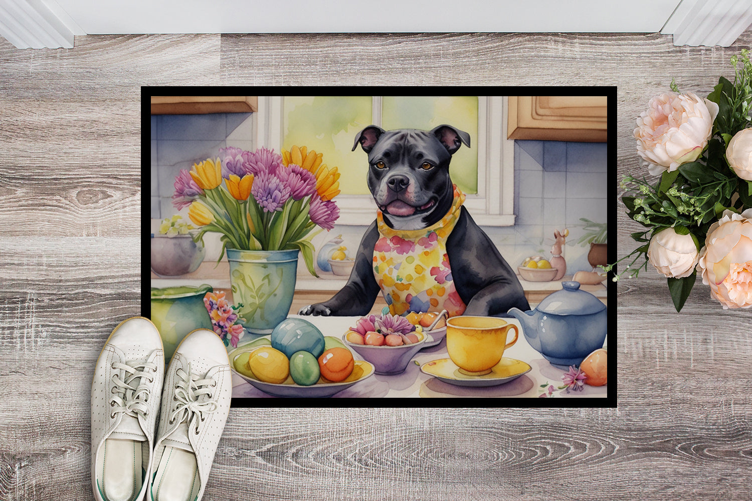 Decorating Easter Staffordshire Bull Terrier Doormat Indoor Outdoor 24H X 36W Front Door Mat Rugs for Entryway, Non Slip Washable Low Pile,
