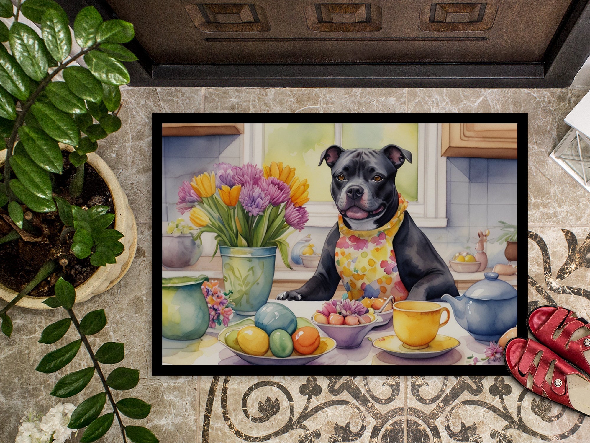 Decorating Easter Staffordshire Bull Terrier Doormat Indoor Outdoor 24H X 36W Front Door Mat Rugs for Entryway, Non Slip Washable Low Pile,