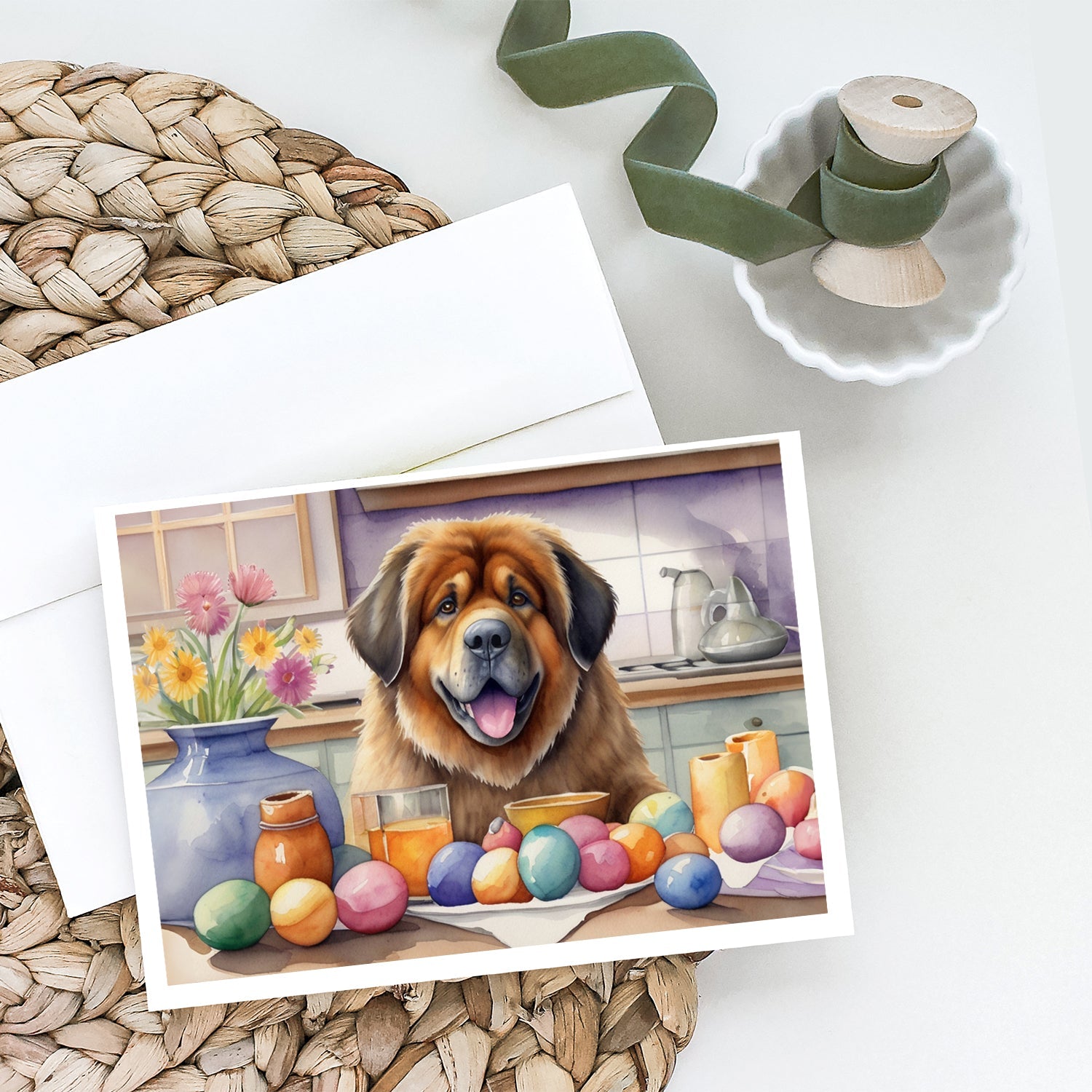 Decorating Easter Tibetan Mastiff Greeting Cards Pack of 8 Blank Cards with Envelopes Whimsical A7 Size 5x7