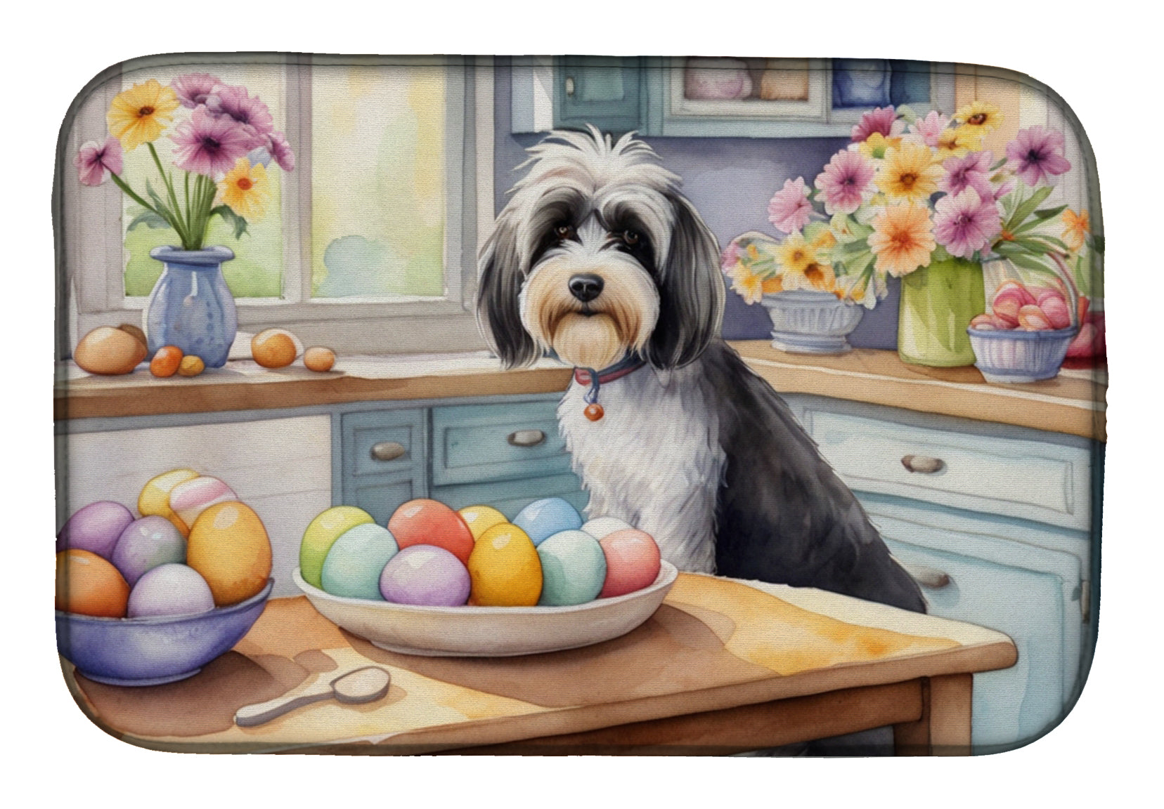 Decorating Easter Tibetan Terrier Dish Drying Mat Absorbent Dish Drying Mat Pad for Kitchen Counter Dish Drainer Mat for Countertop, 14 x 21", Multicolor