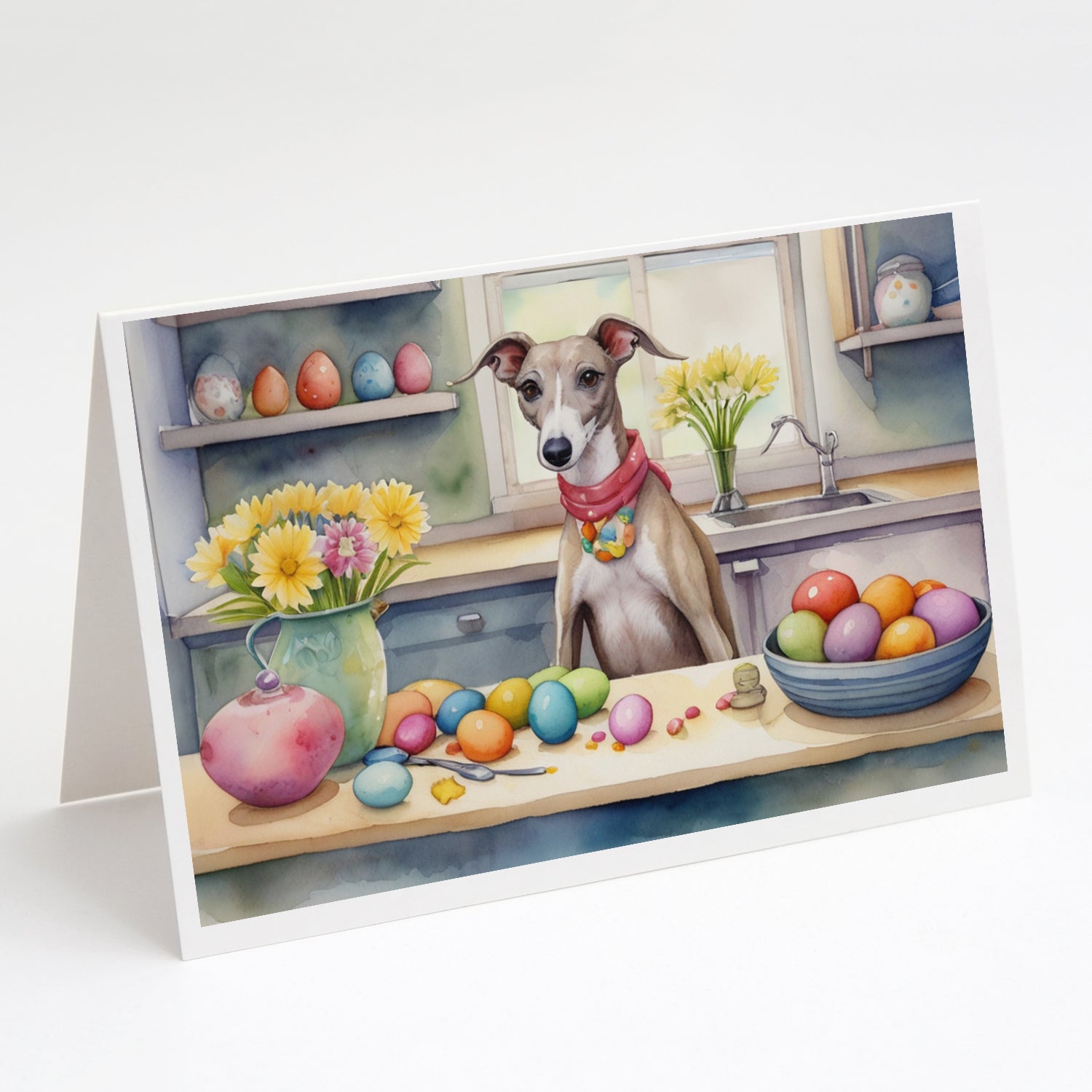 Decorating Easter Whippet Greeting Cards Pack of 8 Blank Cards with Envelopes Whimsical A7 Size 5x7