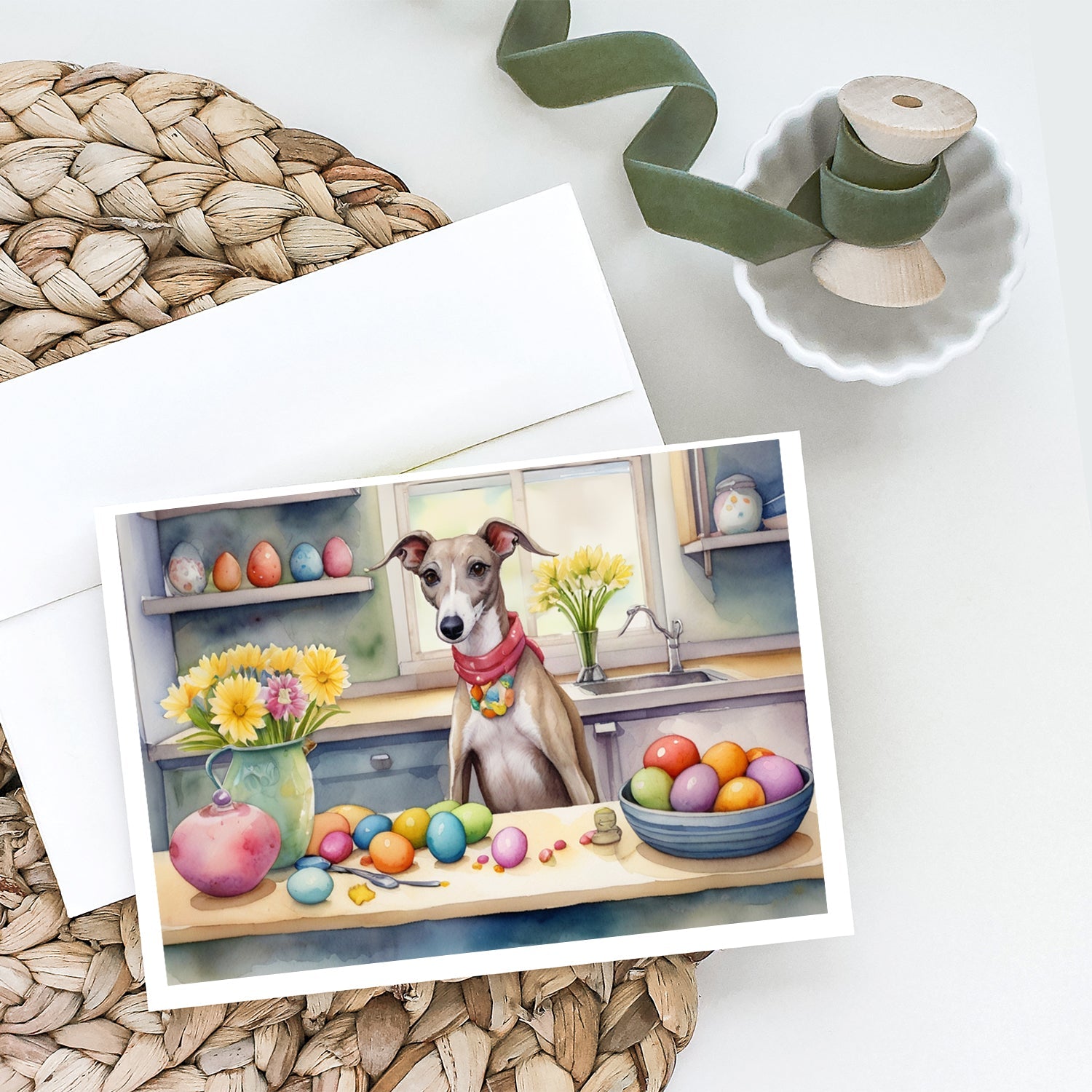 Decorating Easter Whippet Greeting Cards Pack of 8 Blank Cards with Envelopes Whimsical A7 Size 5x7