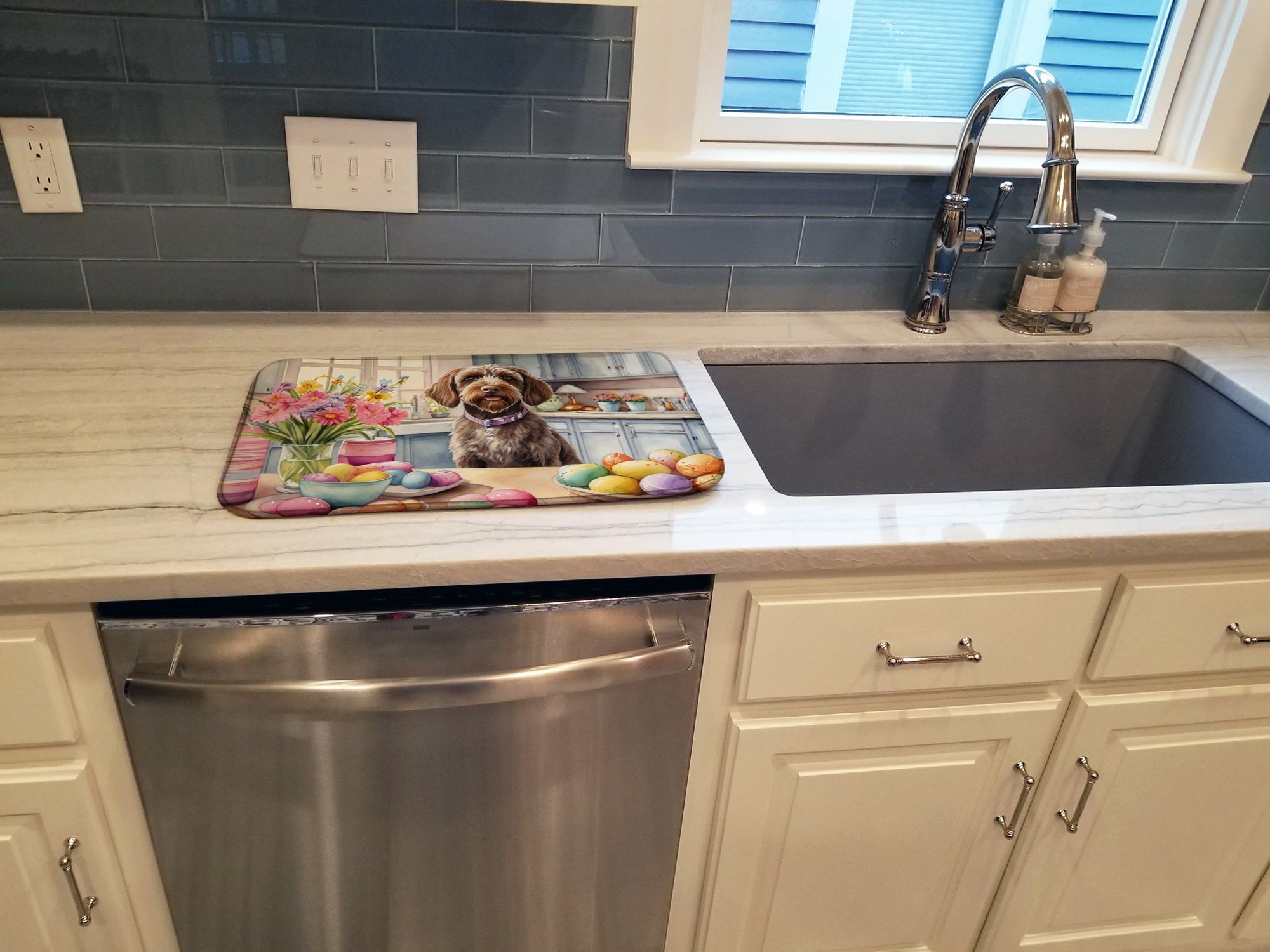 Decorating Easter Wirehaired Pointing Griffon Dish Drying Mat Absorbent Dish Drying Mat Pad for Kitchen Counter Dish Drainer Mat for Countertop, 14 x 21", Multicolor