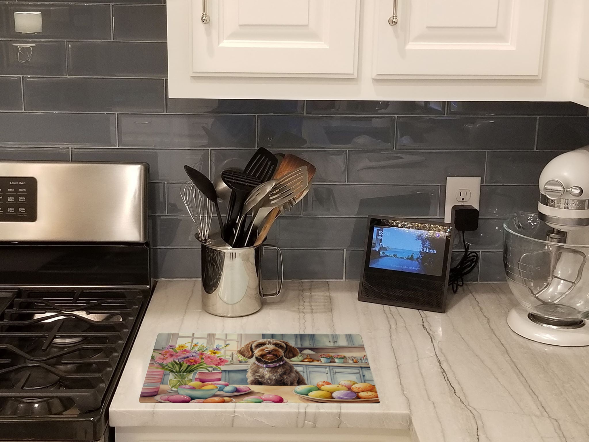 Decorating Easter Wirehaired Pointing Griffon Cutting Board Tempered Glass Kitchen Cutting Surface, Heat Resistant Chopping, Non-Slip Feet, Food Prep & Serving