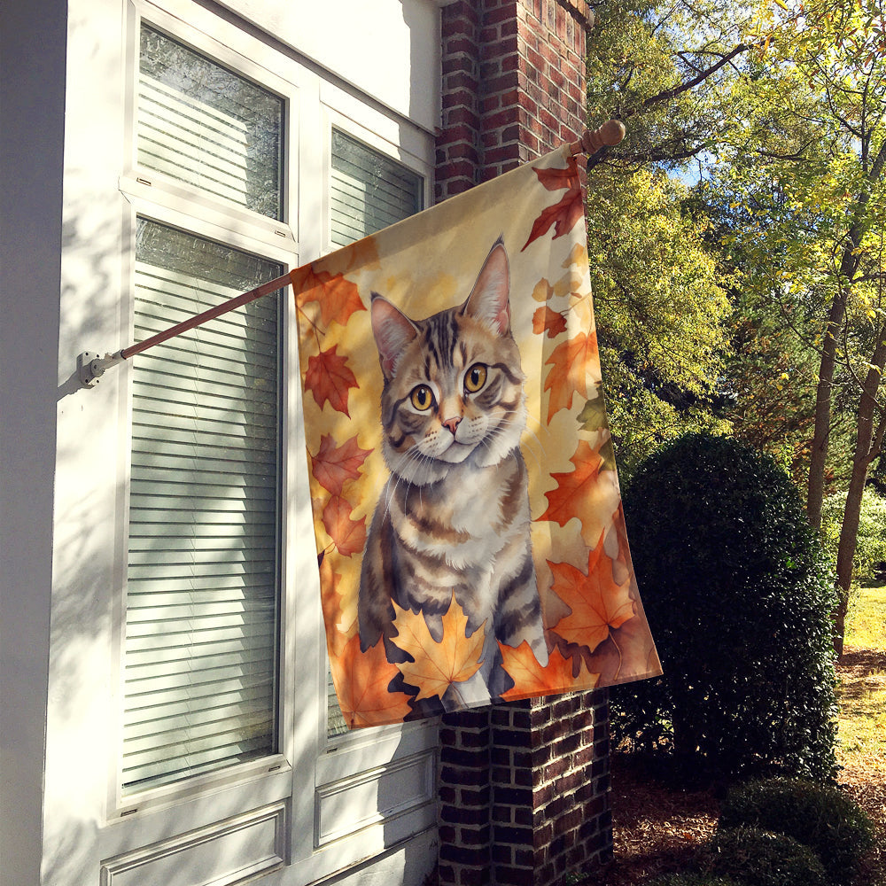 American Bobtail Cat in Fall Leaves House Flag 28x40 Porch Sleeve Pole Decorative Outside Yard Banner Artwork Wall Hanging, Polyester