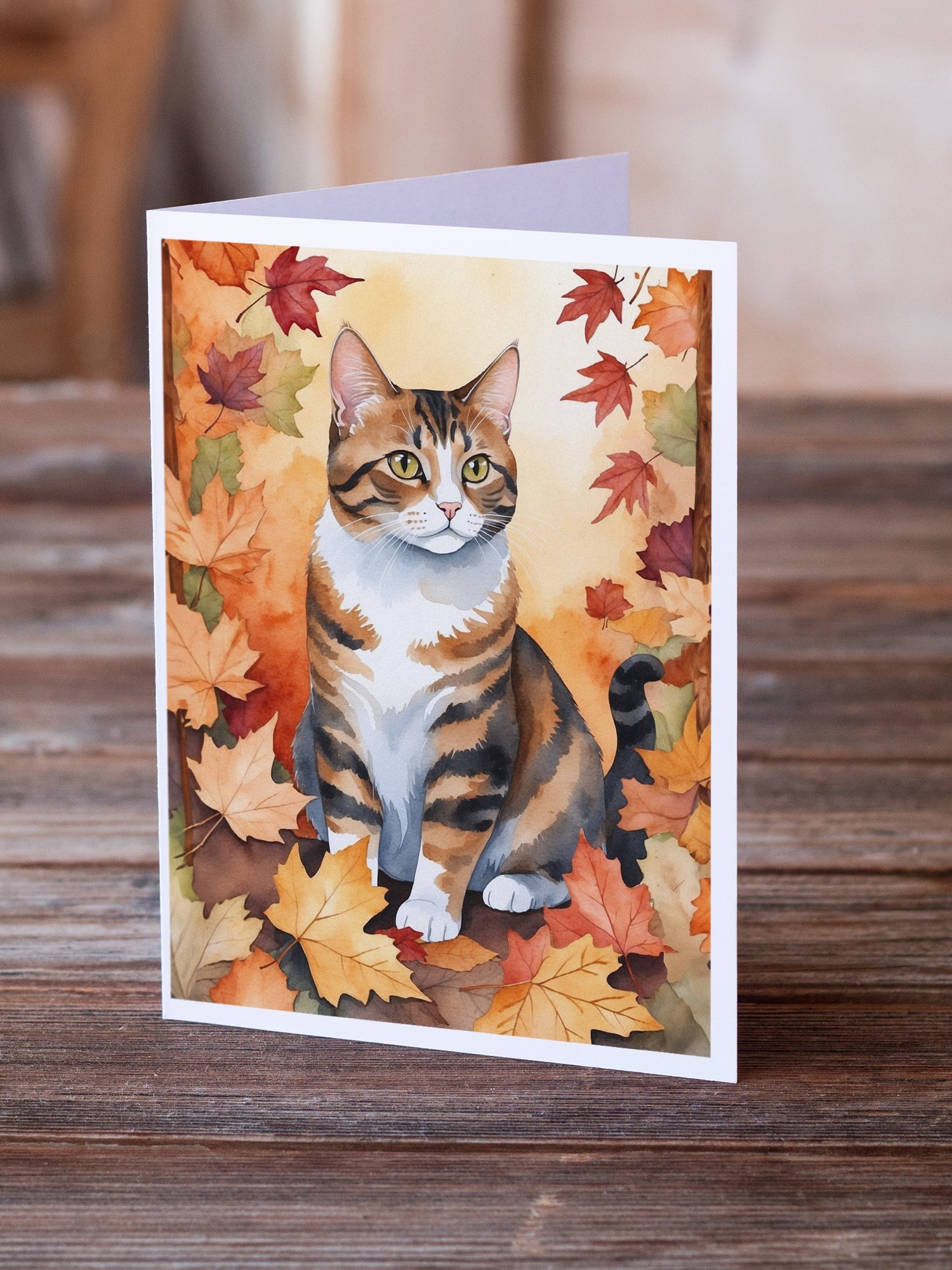 American Polydactyl Cat in Fall Leaves Greeting Cards Pack of 8 Blank Cards with Envelopes Whimsical A7 Size 5x7