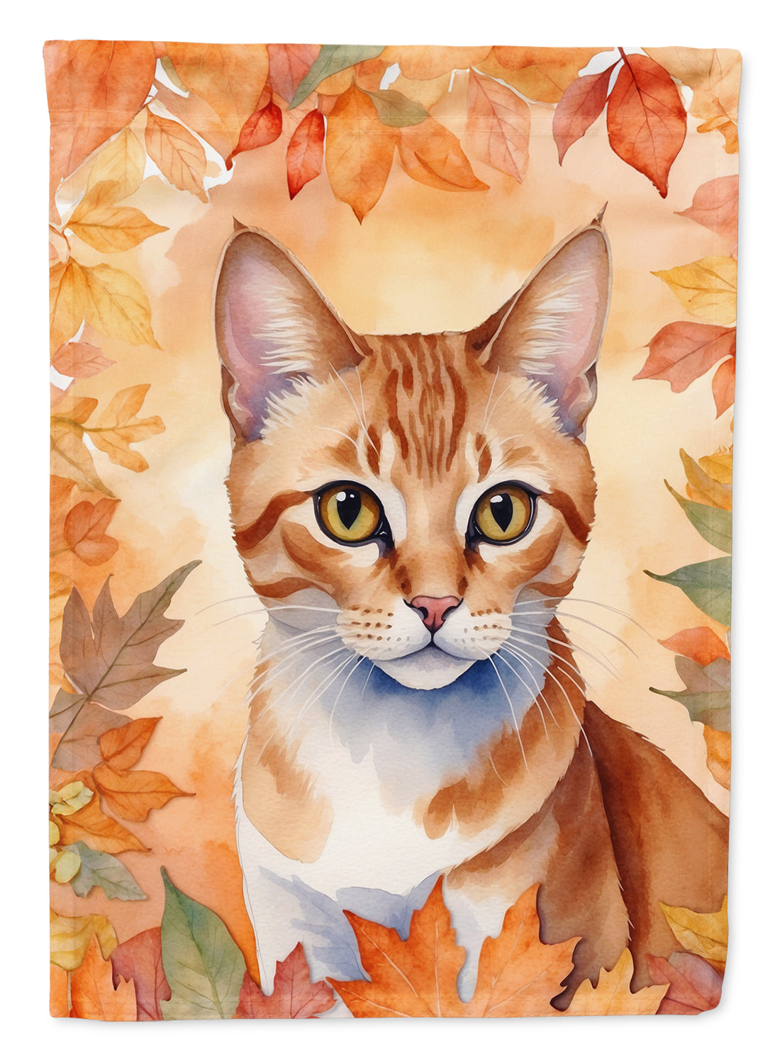 Arabian Mau Cat in Fall Leaves House Flag 28x40 Porch Sleeve Pole Decorative Outside Yard Banner Artwork Wall Hanging, Polyester