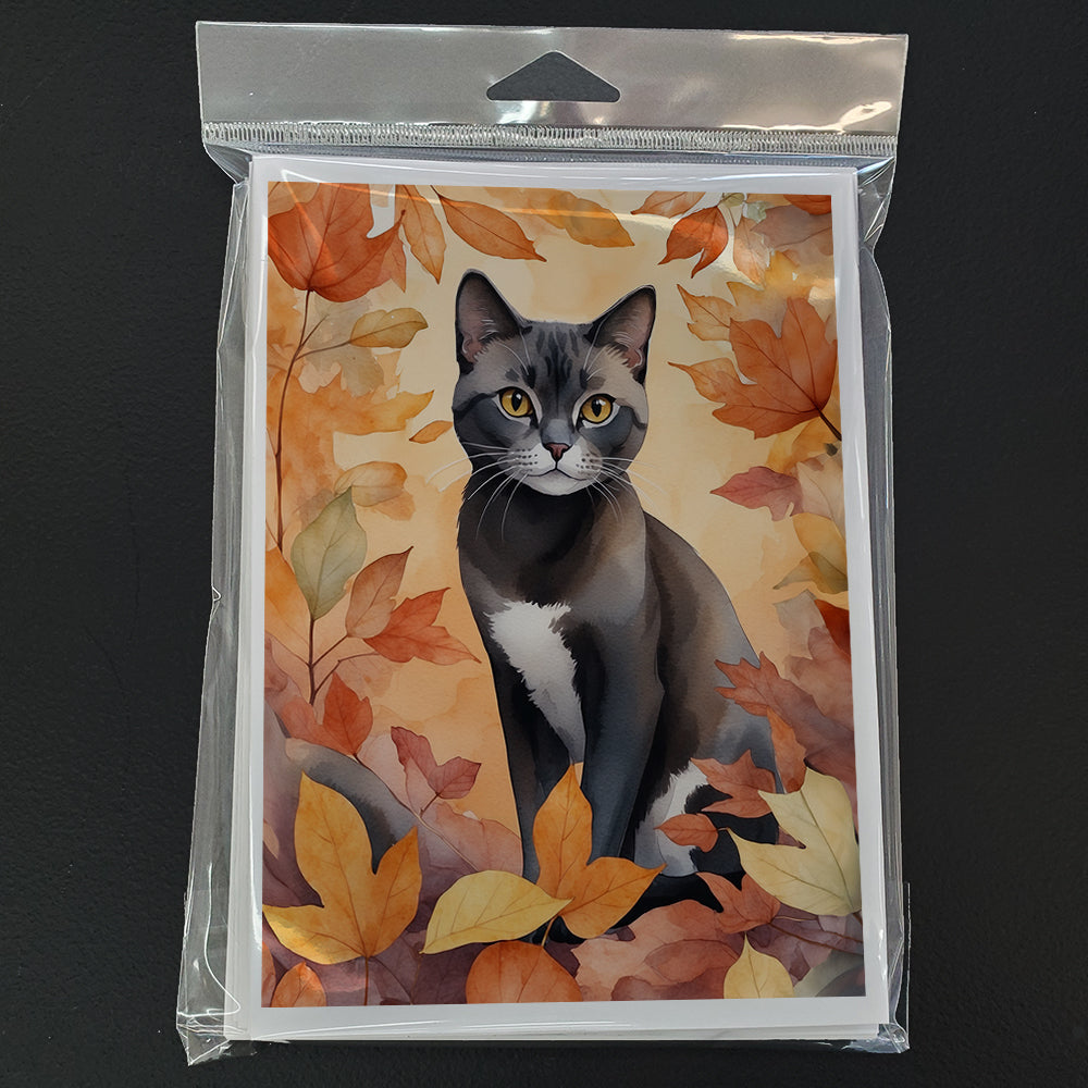 Asian Cat in Fall Leaves Greeting Cards Pack of 8 Blank Cards with Envelopes Whimsical A7 Size 5x7