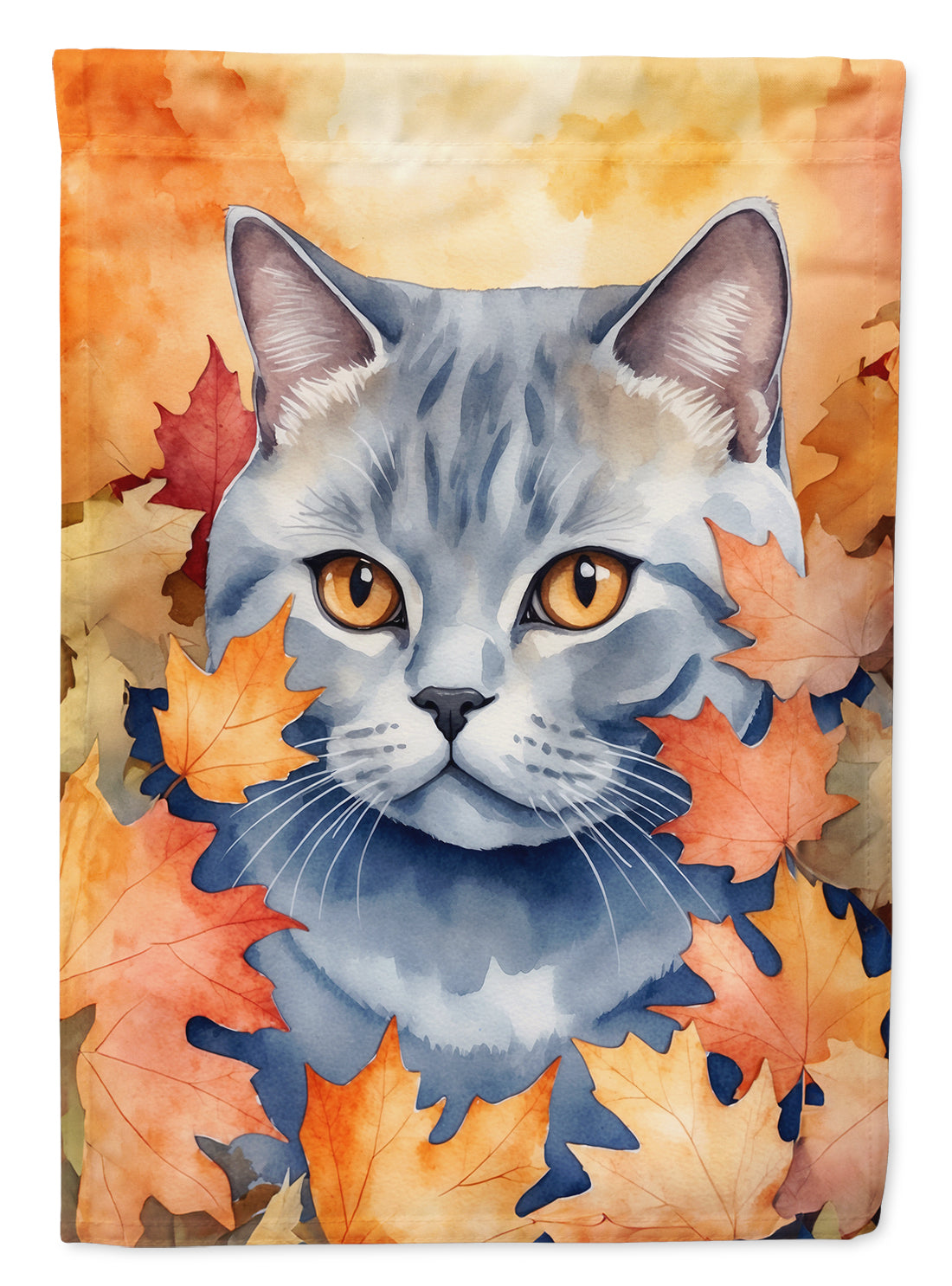 British Shorthair Cat in Fall Leaves House Flag 28x40 Porch Sleeve Pole Decorative Outside Yard Banner Artwork Wall Hanging, Polyester