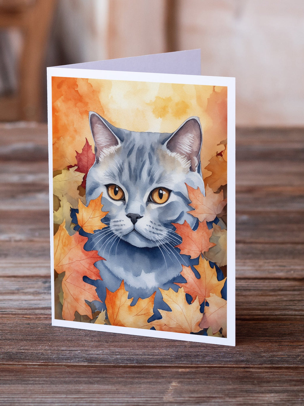 British Shorthair Cat in Fall Leaves Greeting Cards Pack of 8 Blank Cards with Envelopes Whimsical A7 Size 5x7