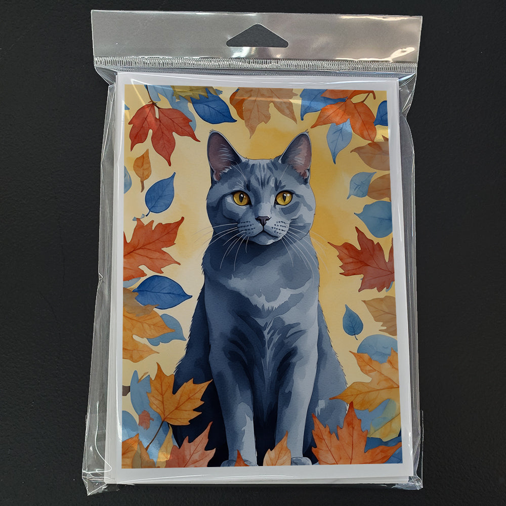 Chartreux Cat in Fall Leaves Greeting Cards Pack of 8 Blank Cards with Envelopes Whimsical A7 Size 5x7