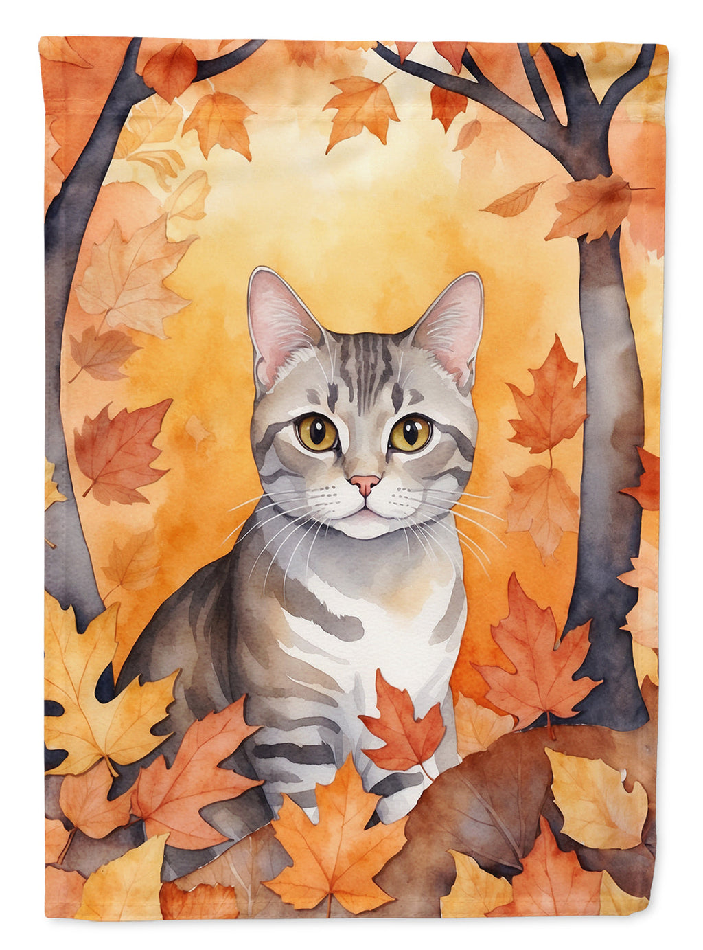 European Shorthair Cat in Fall Leaves House Flag 28x40 Porch Sleeve Pole Decorative Outside Yard Banner Artwork Wall Hanging, Polyester