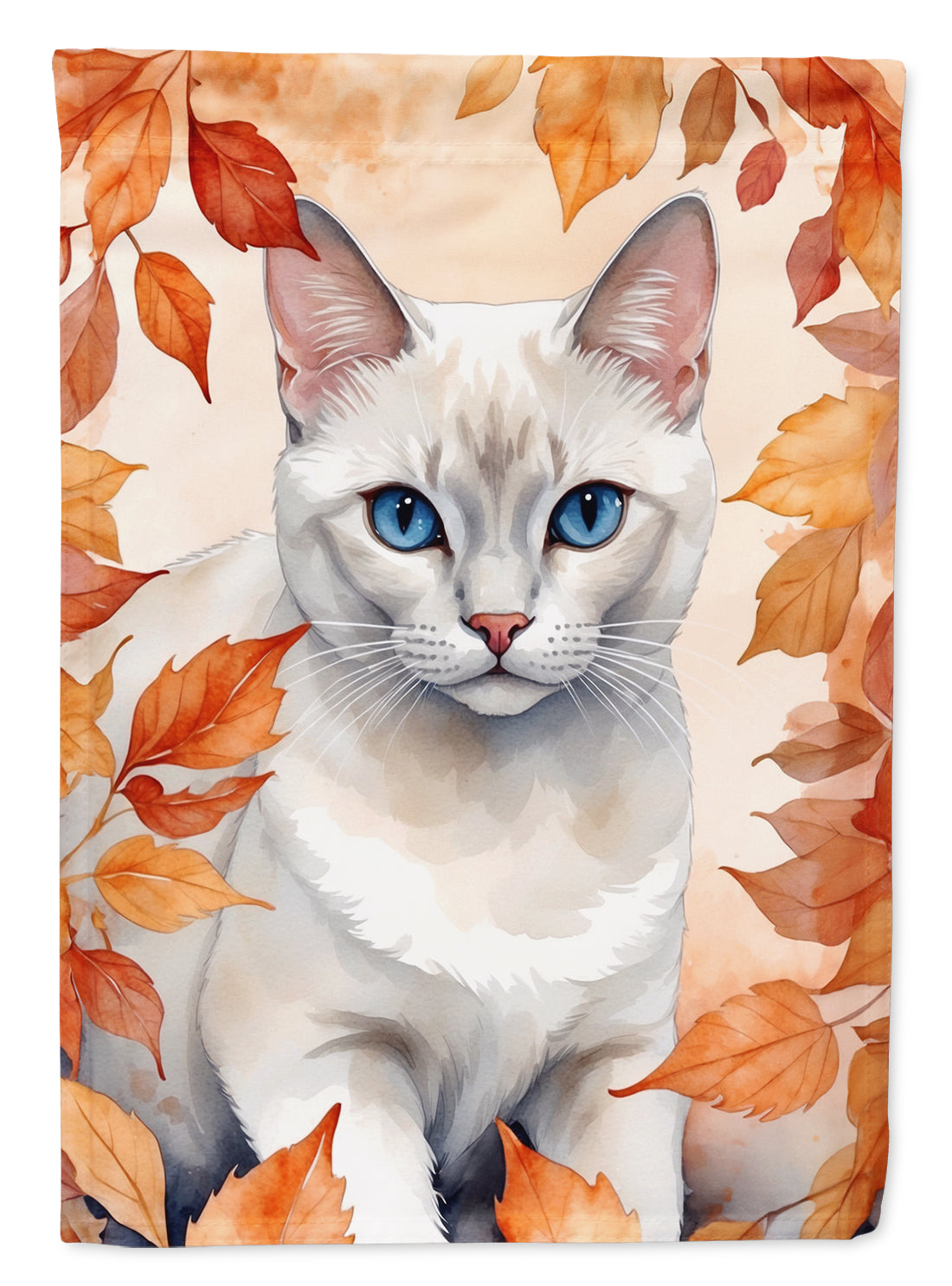Foreign White Cat in Fall Leaves House Flag 28x40 Porch Sleeve Pole Decorative Outside Yard Banner Artwork Wall Hanging, Polyester