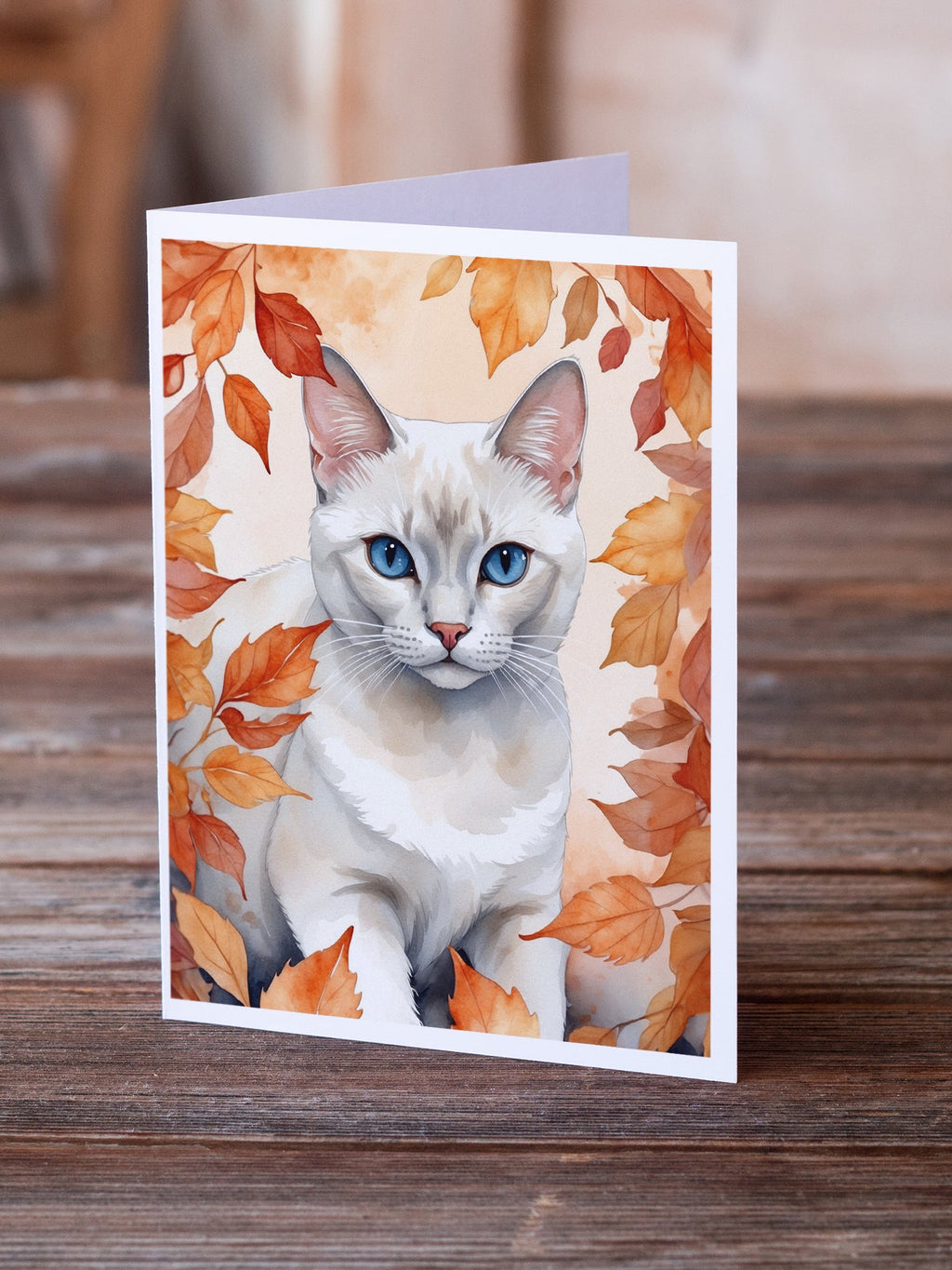 Foreign White Cat in Fall Leaves Greeting Cards Pack of 8 Blank Cards with Envelopes Whimsical A7 Size 5x7