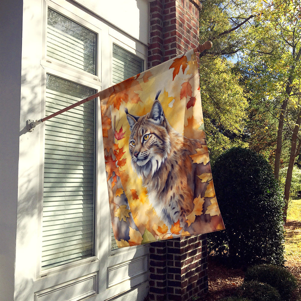 Highlander Lynx Cat in Fall Leaves House Flag 28x40 Porch Sleeve Pole Decorative Outside Yard Banner Artwork Wall Hanging, Polyester