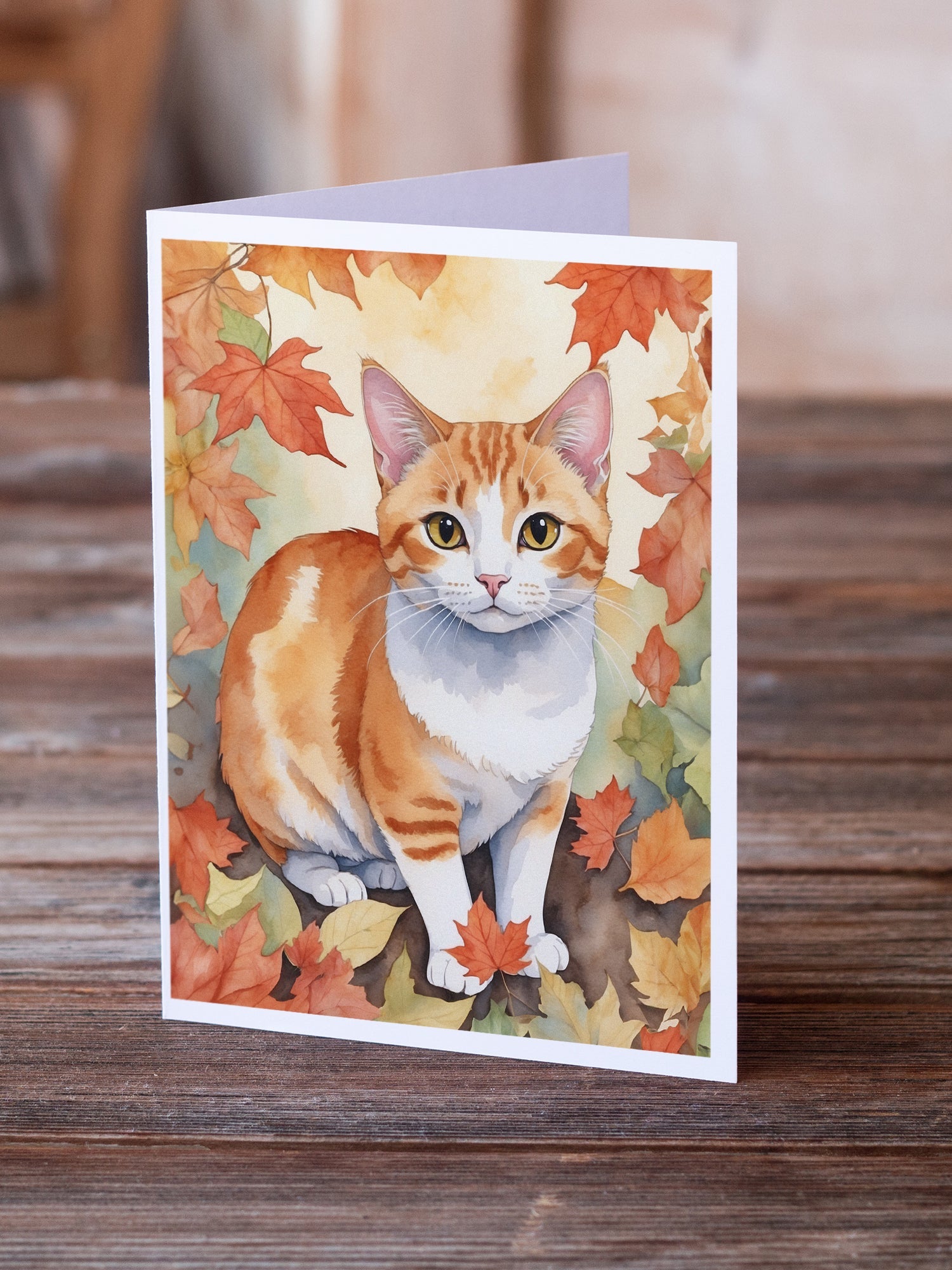 Japanese Bobtail Cat in Fall Leaves Greeting Cards Pack of 8 Blank Cards with Envelopes Whimsical A7 Size 5x7