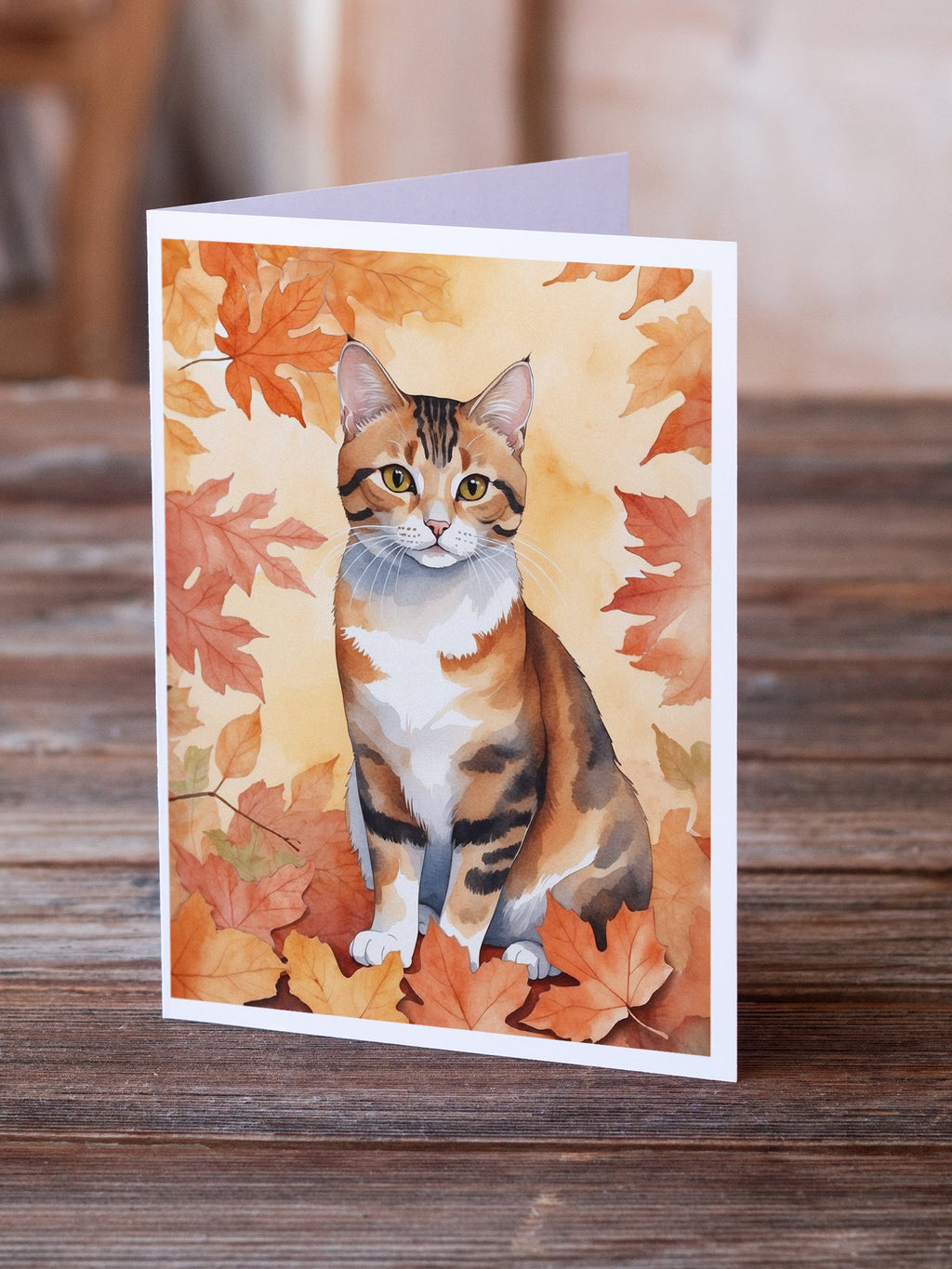 Korean Bobtail Cat in Fall Leaves Greeting Cards Pack of 8 Blank Cards with Envelopes Whimsical A7 Size 5x7