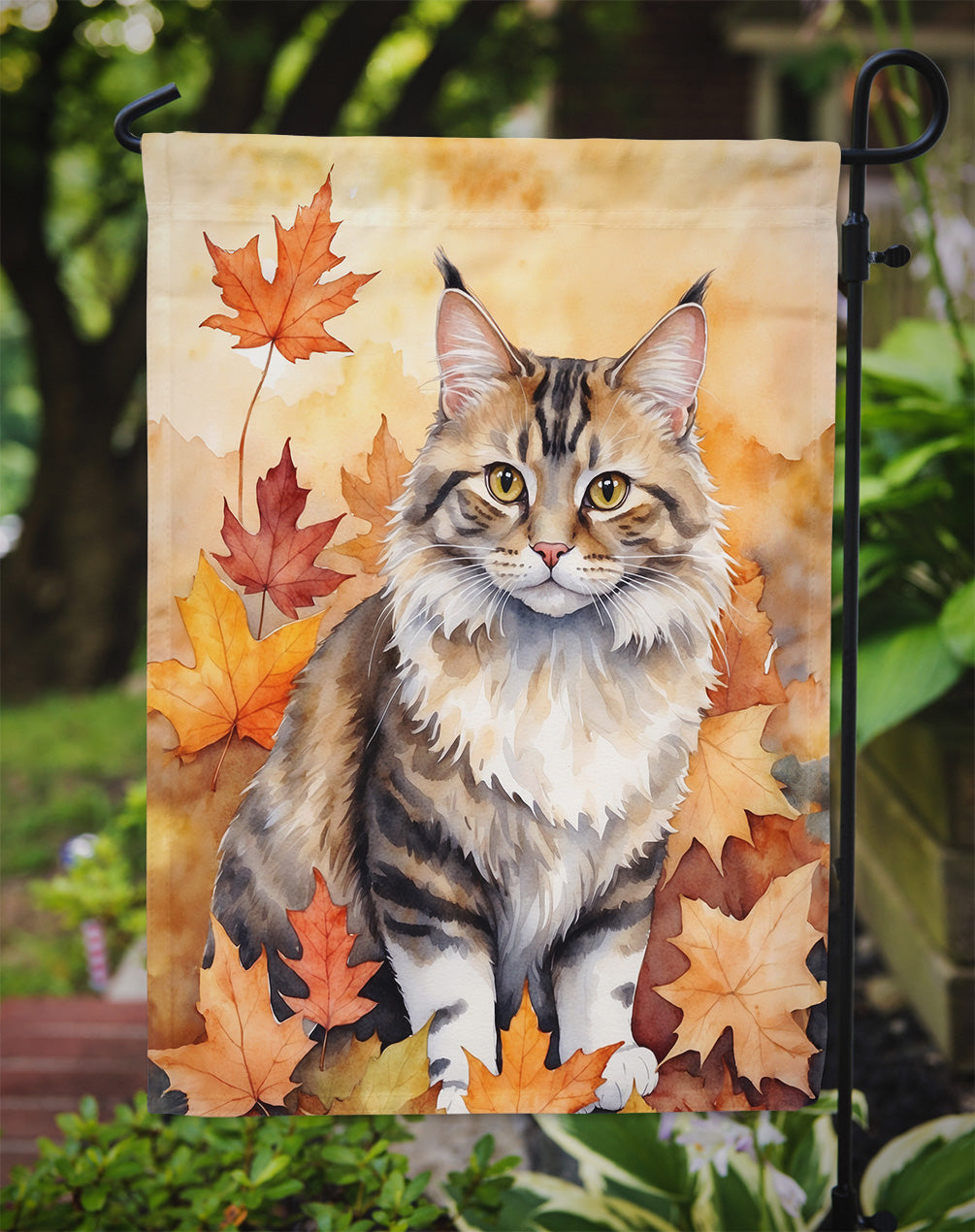 Kurilian Bobtail Cat in Fall Leaves Garden Flag Mailbox Decorative Yard Banner Outside Patio Artwork for Flower Beds, Garden Size, Multicolor