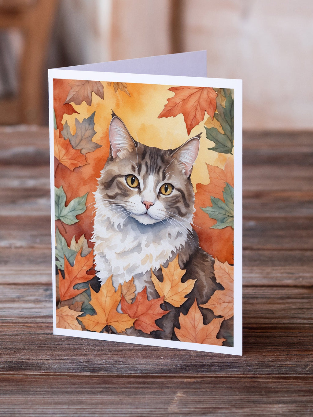 La Perm Cat in Fall Leaves Greeting Cards Pack of 8 Blank Cards with Envelopes Whimsical A7 Size 5x7