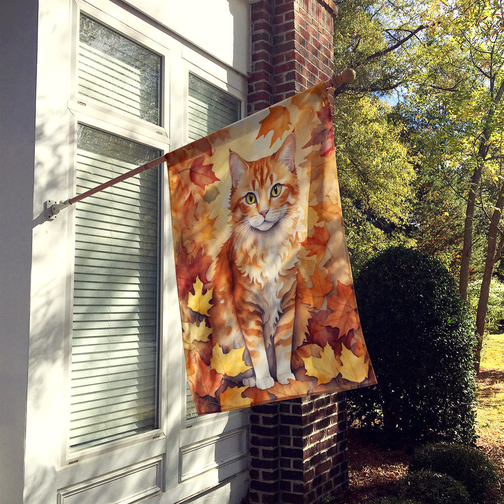 La Perm Cat in Fall Leaves House Flag 28x40 Porch Sleeve Pole Decorative Outside Yard Banner Artwork Wall Hanging, Polyester
