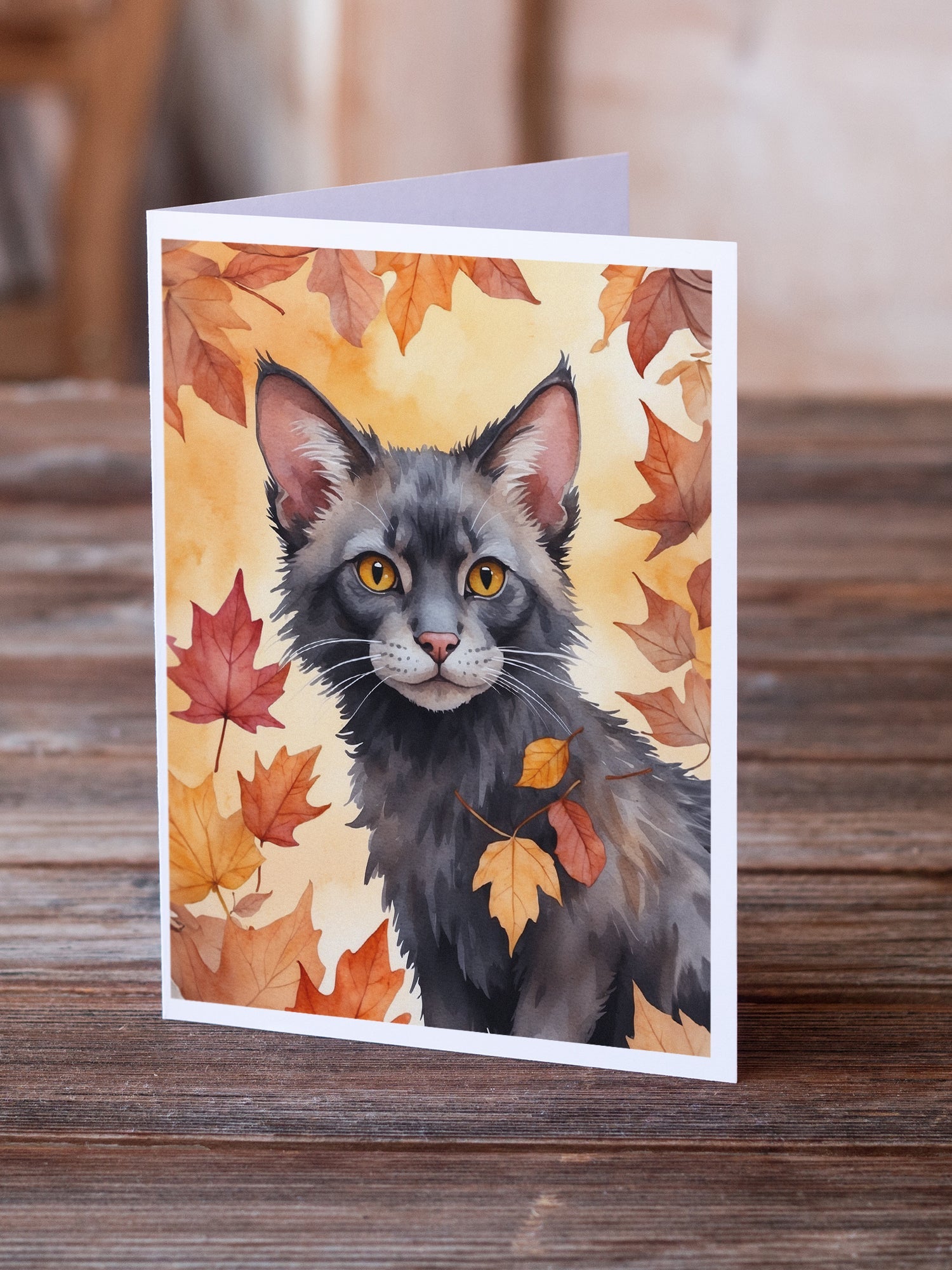 Lykoi Cat in Fall Leaves Greeting Cards Pack of 8 Blank Cards with Envelopes Whimsical A7 Size 5x7
