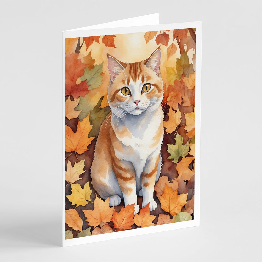 Manx Cat in Fall Leaves Greeting Cards Pack of 8 Blank Cards with Envelopes Whimsical A7 Size 5x7