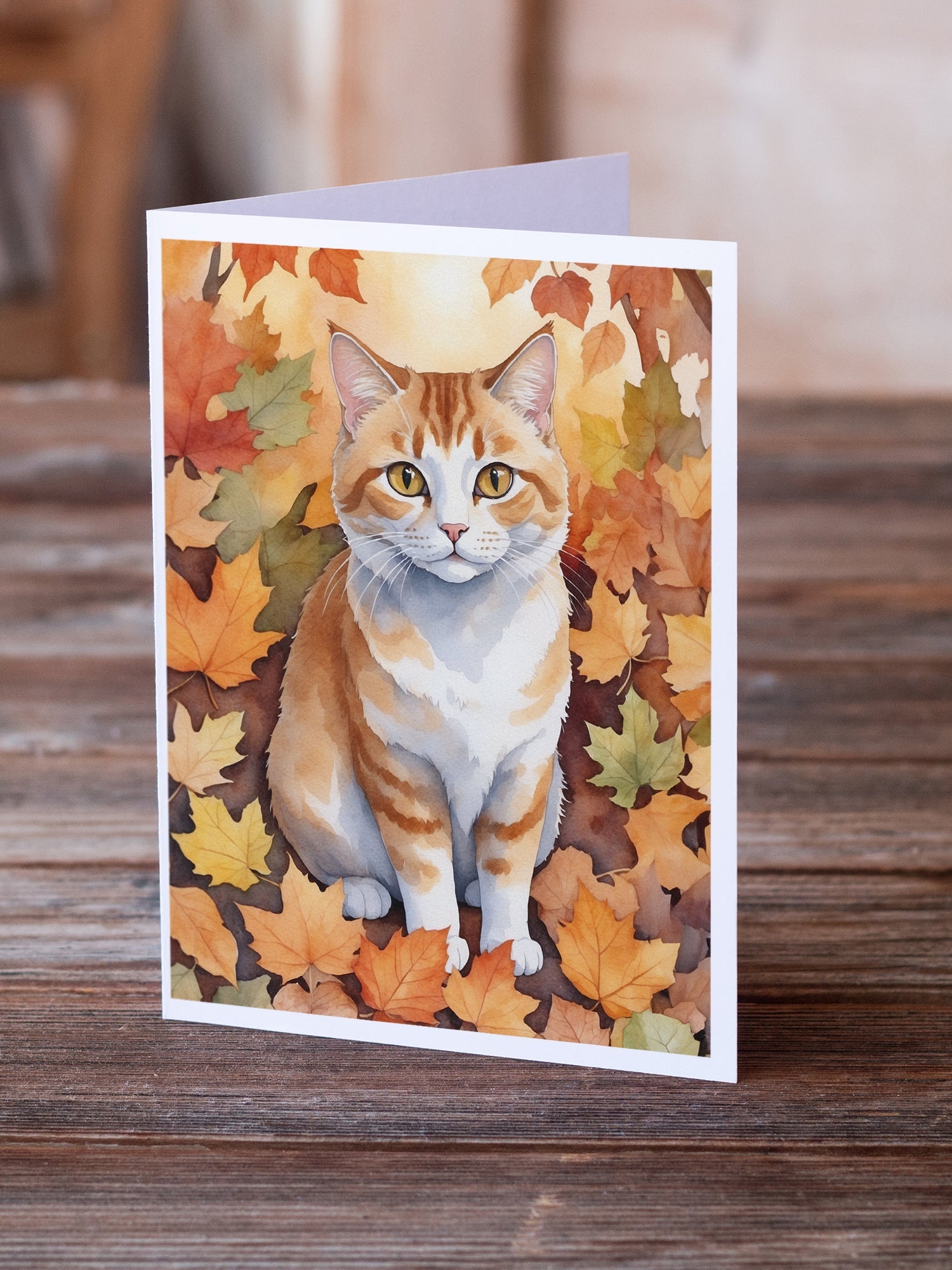 Manx Cat in Fall Leaves Greeting Cards Pack of 8 Blank Cards with Envelopes Whimsical A7 Size 5x7