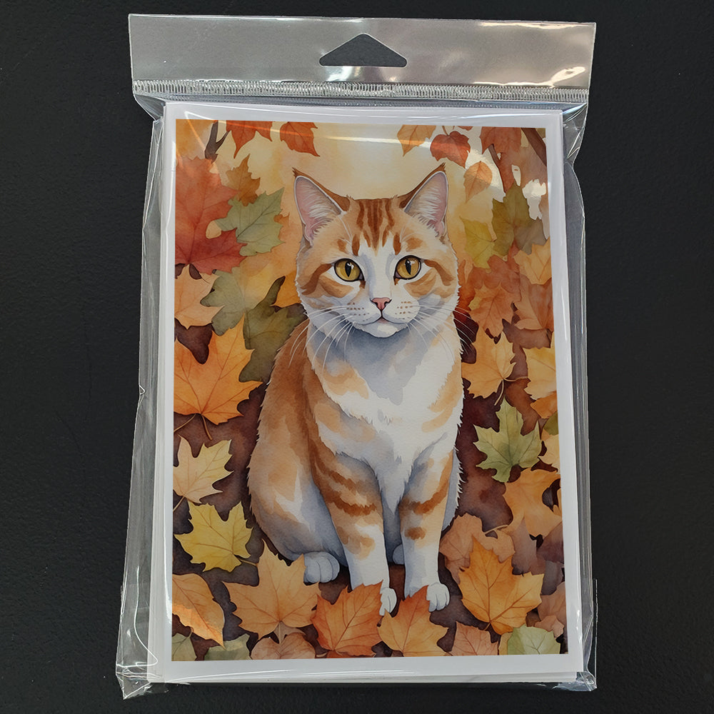 Manx Cat in Fall Leaves Greeting Cards Pack of 8 Blank Cards with Envelopes Whimsical A7 Size 5x7