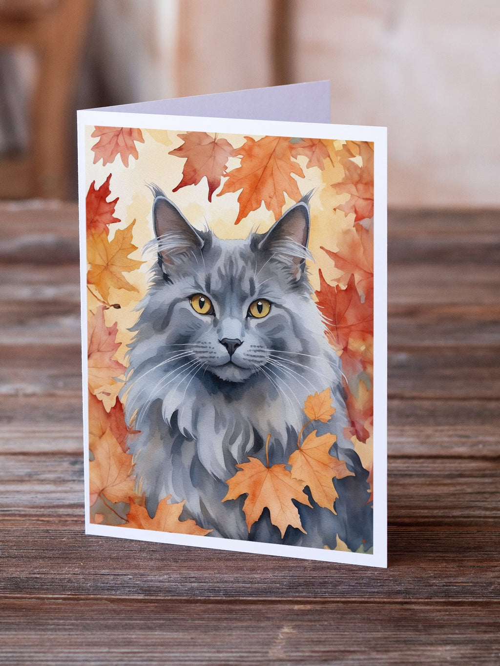 Nebelung Cat in Fall Leaves Greeting Cards Pack of 8 Blank Cards with Envelopes Whimsical A7 Size 5x7