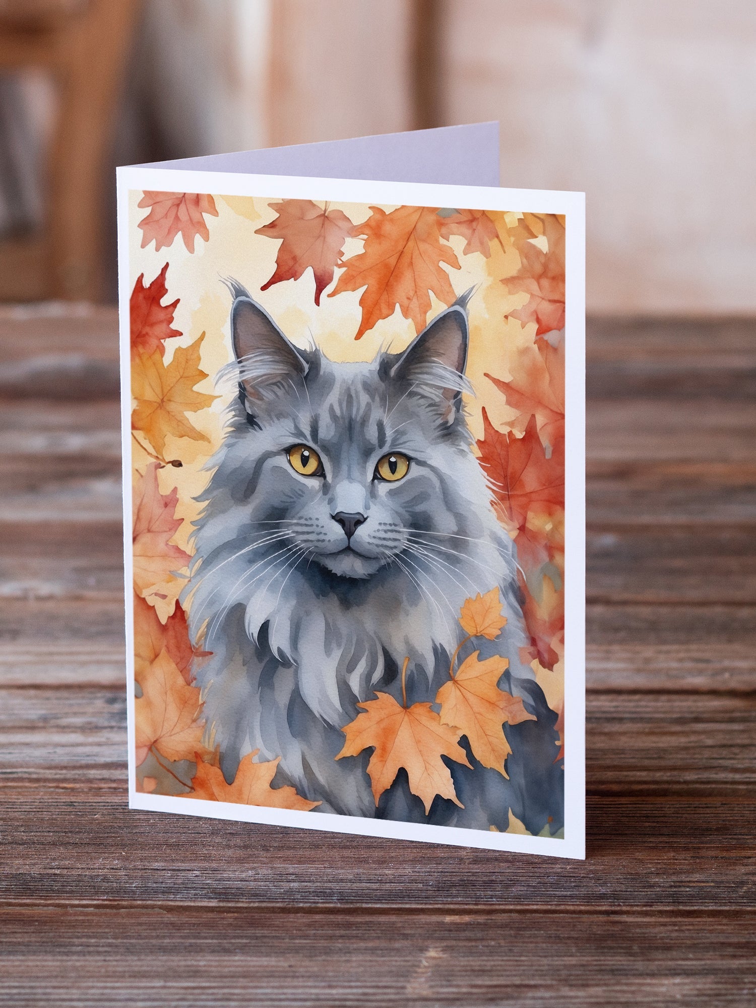 Nebelung Cat in Fall Leaves Greeting Cards Pack of 8 Blank Cards with Envelopes Whimsical A7 Size 5x7