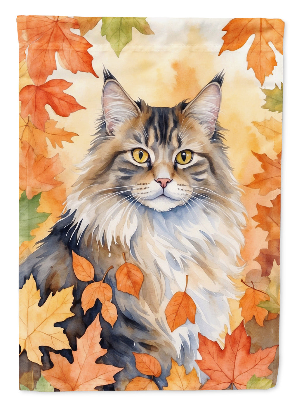 Norwegian Forest Cat in Fall Leaves House Flag 28x40 Porch Sleeve Pole Decorative Outside Yard Banner Artwork Wall Hanging, Polyester