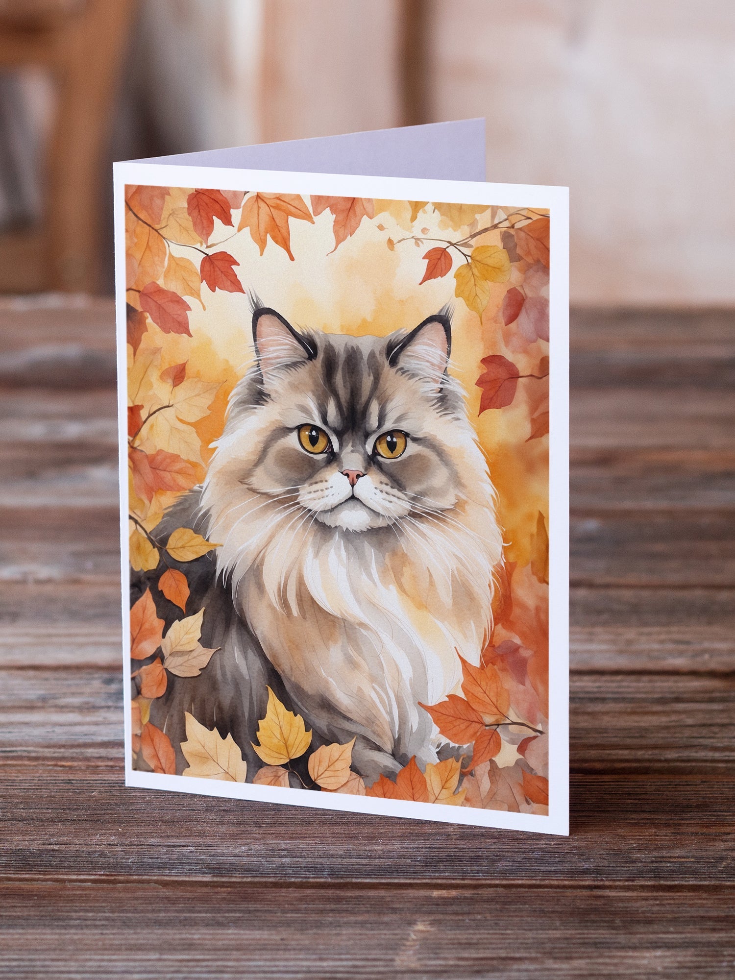 Persian Cat in Fall Leaves Greeting Cards Pack of 8 Blank Cards with Envelopes Whimsical A7 Size 5x7