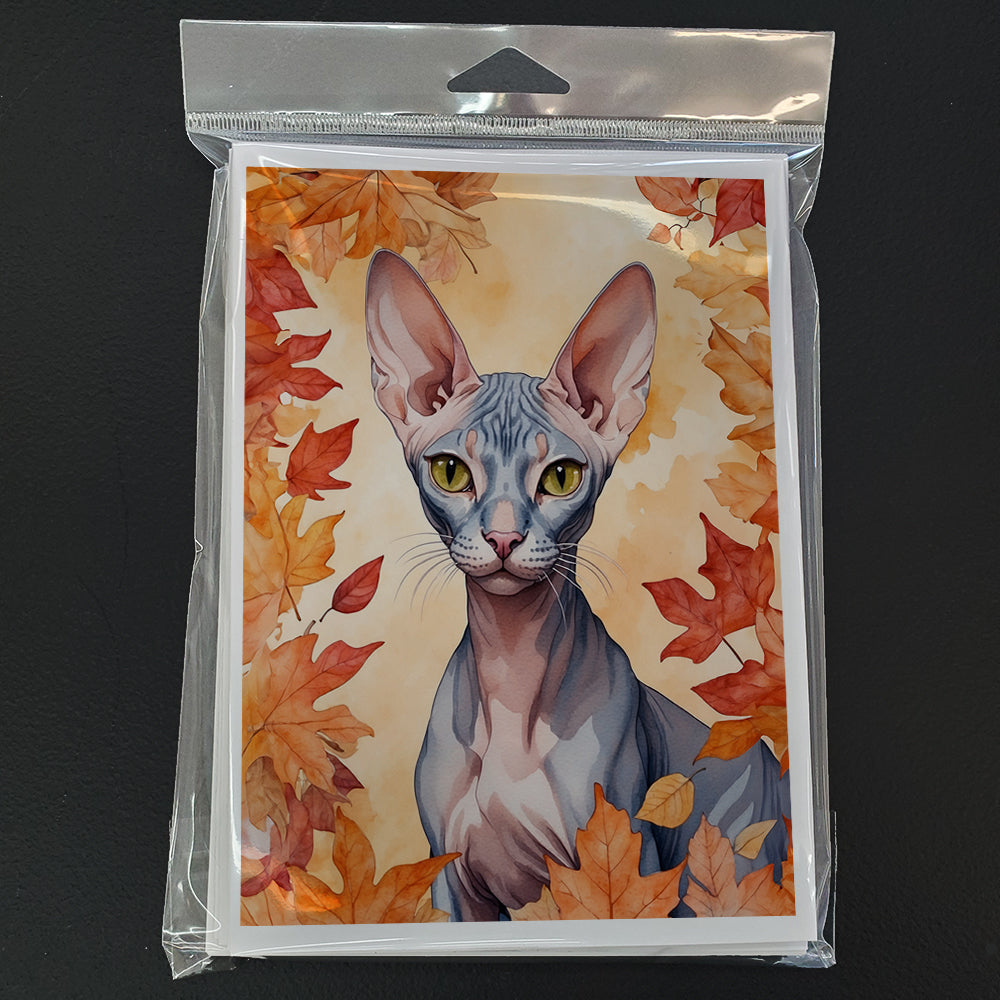 Peterbald Cat in Fall Leaves Greeting Cards Pack of 8 Blank Cards with Envelopes Whimsical A7 Size 5x7