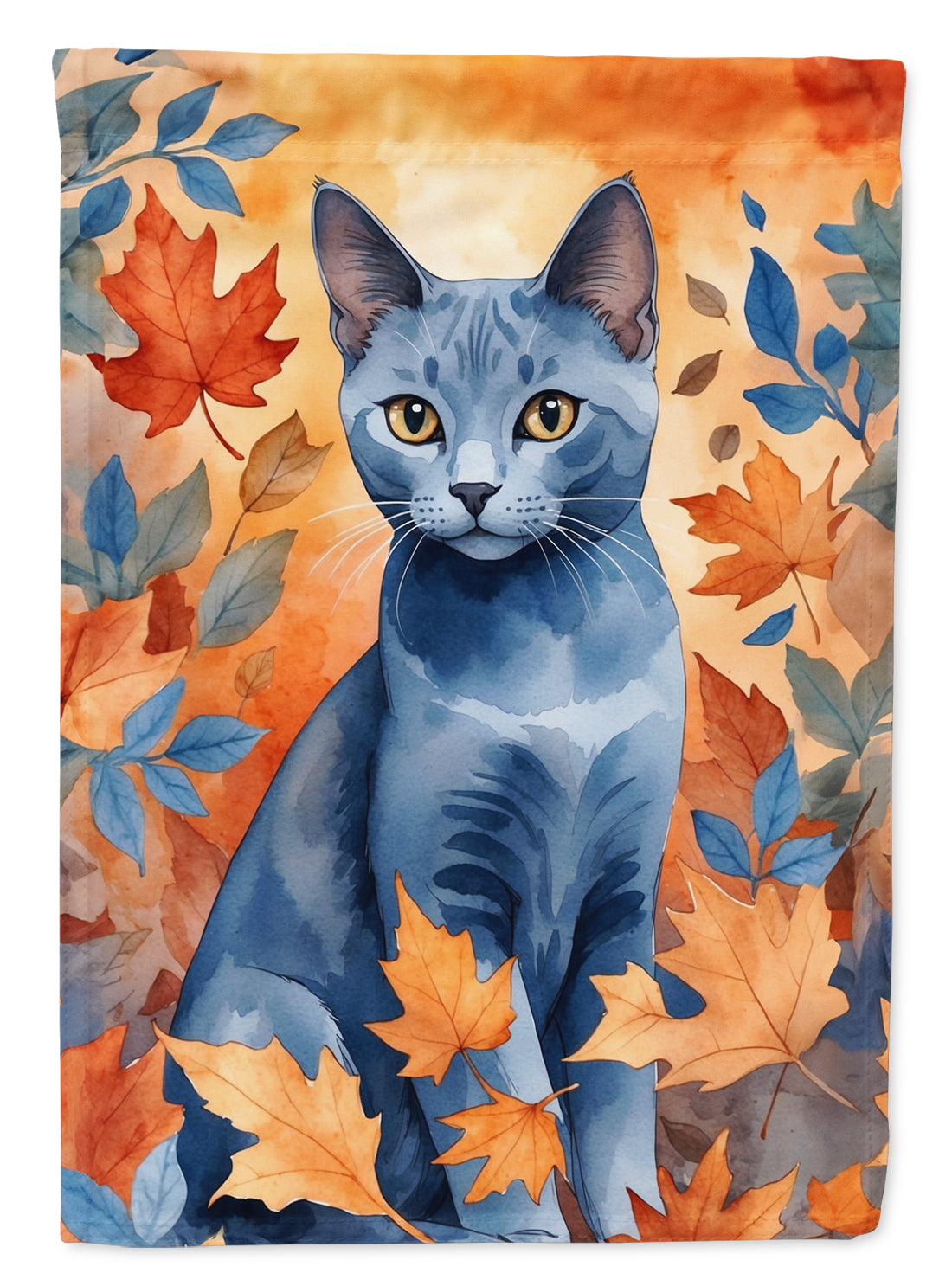 Russian Blue Cat in Fall Leaves House Flag 28x40 Porch Sleeve Pole Decorative Outside Yard Banner Artwork Wall Hanging, Polyester