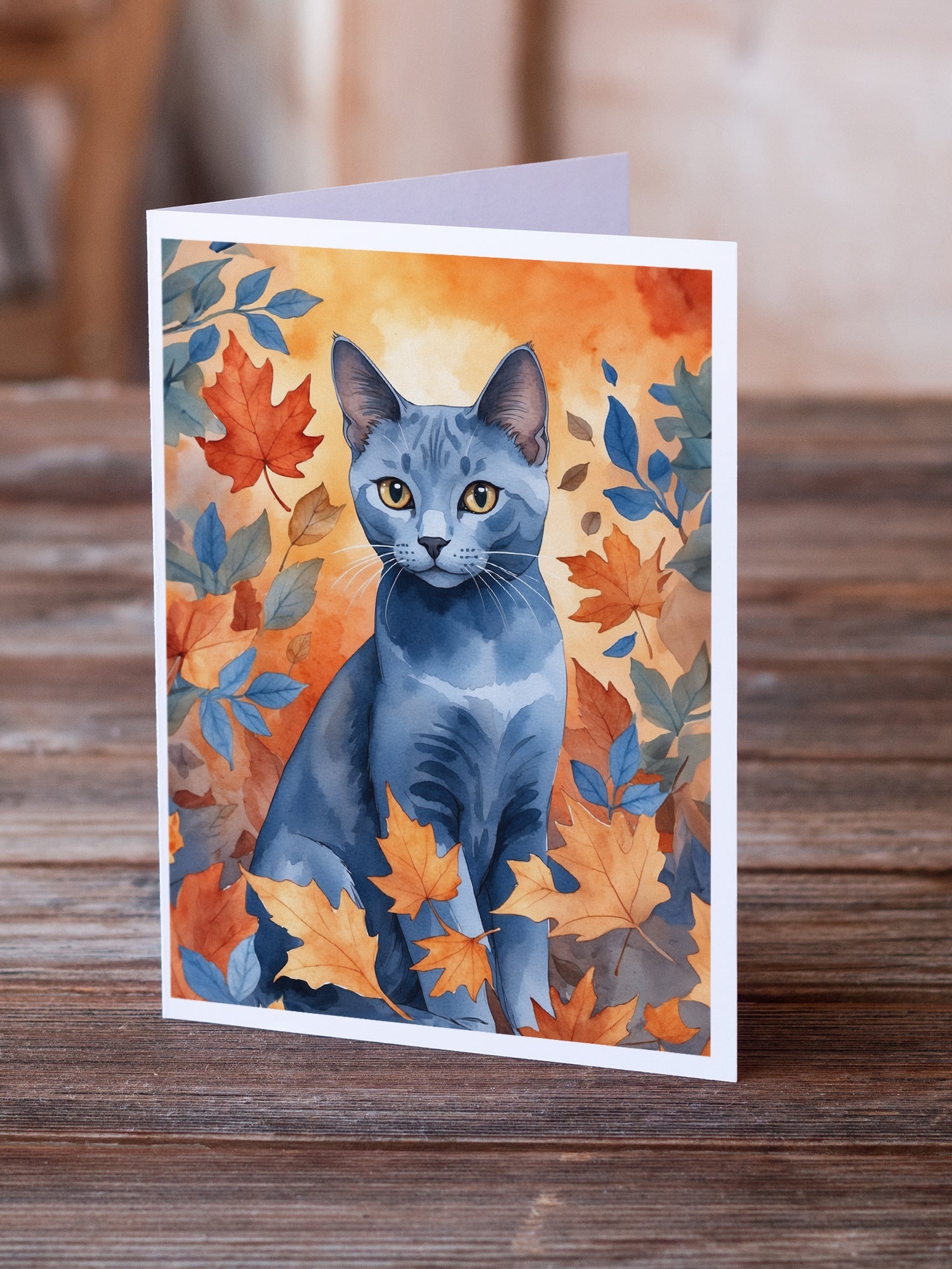 Russian Blue Cat in Fall Leaves Greeting Cards Pack of 8 Blank Cards with Envelopes Whimsical A7 Size 5x7