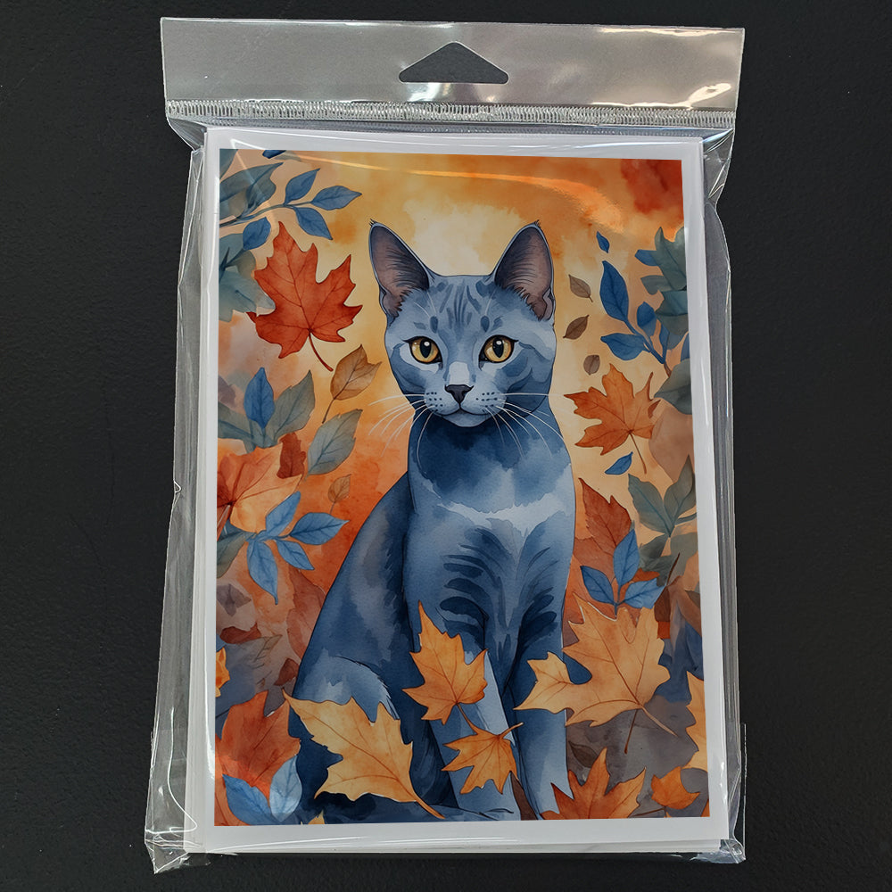 Russian Blue Cat in Fall Leaves Greeting Cards Pack of 8 Blank Cards with Envelopes Whimsical A7 Size 5x7