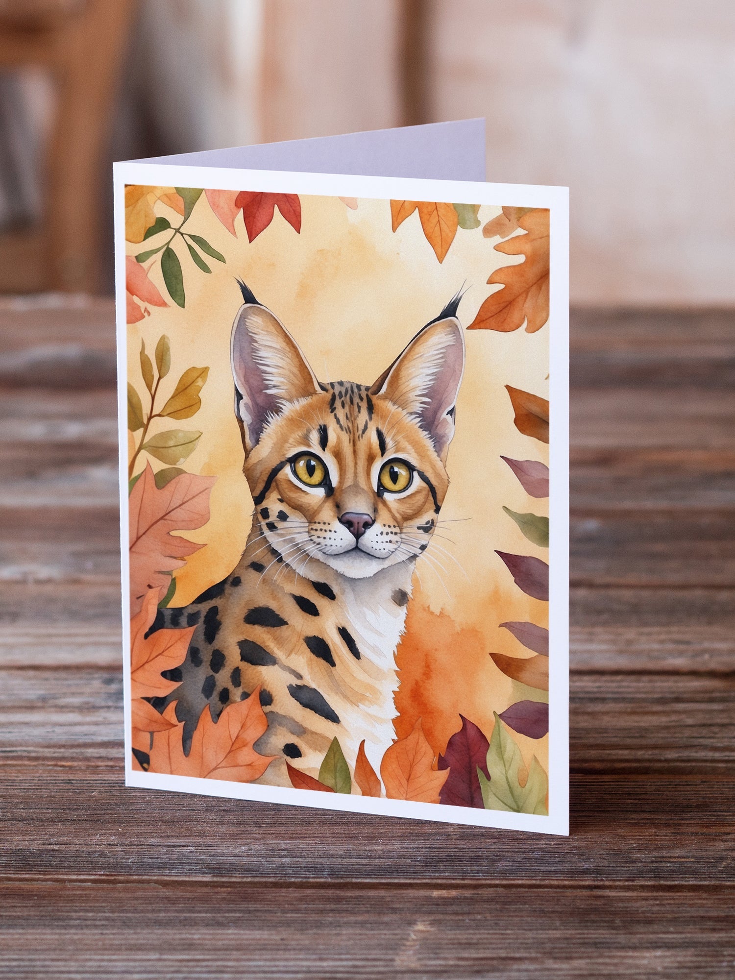 Serengeti Cat in Fall Leaves Greeting Cards Pack of 8 Blank Cards with Envelopes Whimsical A7 Size 5x7
