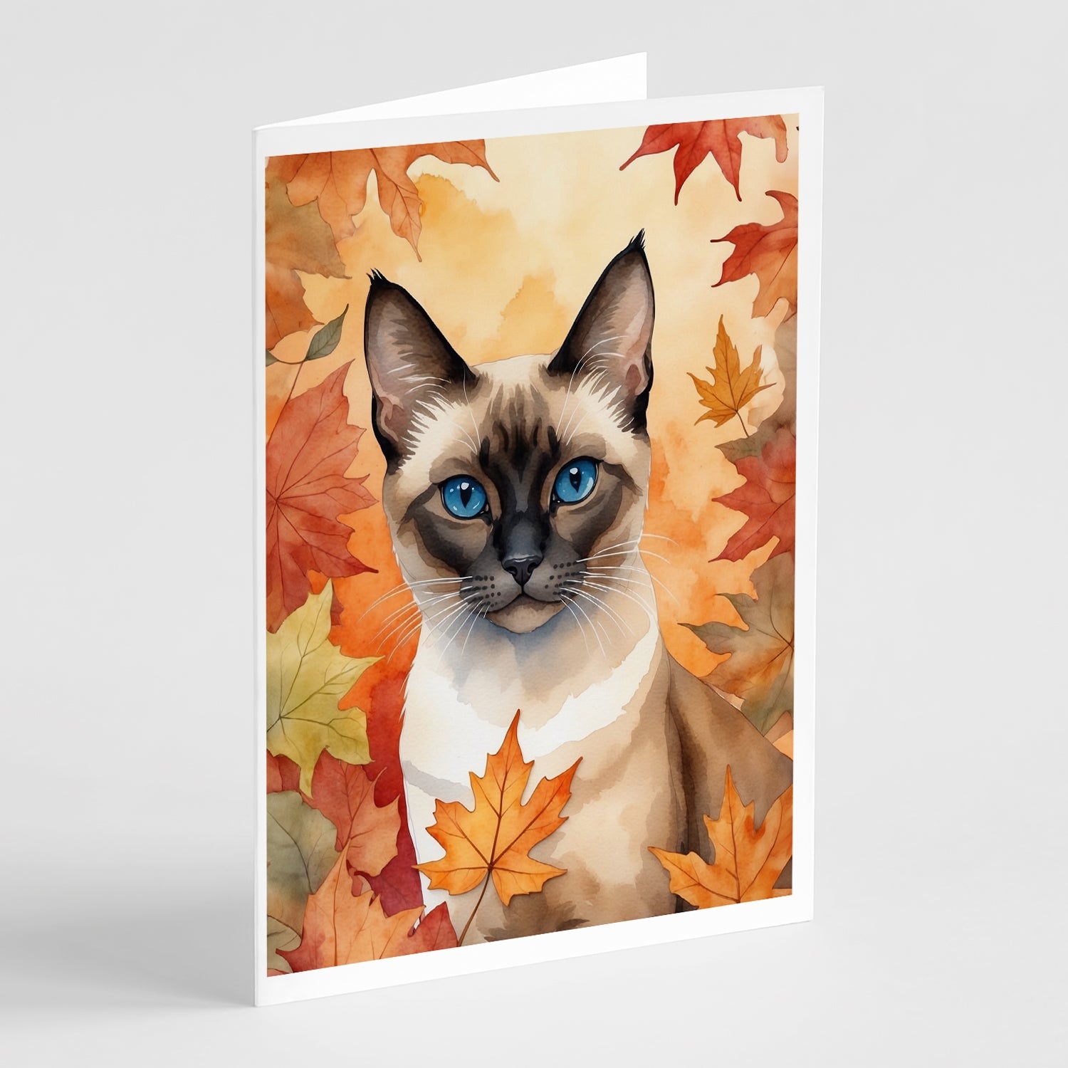 Siamese Cat in Fall Leaves Greeting Cards Pack of 8 Blank Cards with Envelopes Whimsical A7 Size 5x7