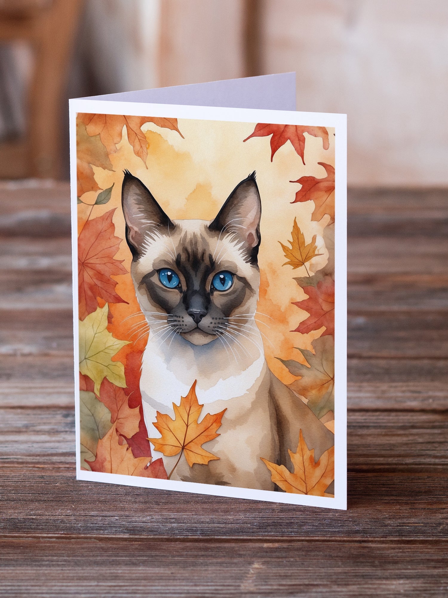 Siamese Cat in Fall Leaves Greeting Cards Pack of 8 Blank Cards with Envelopes Whimsical A7 Size 5x7