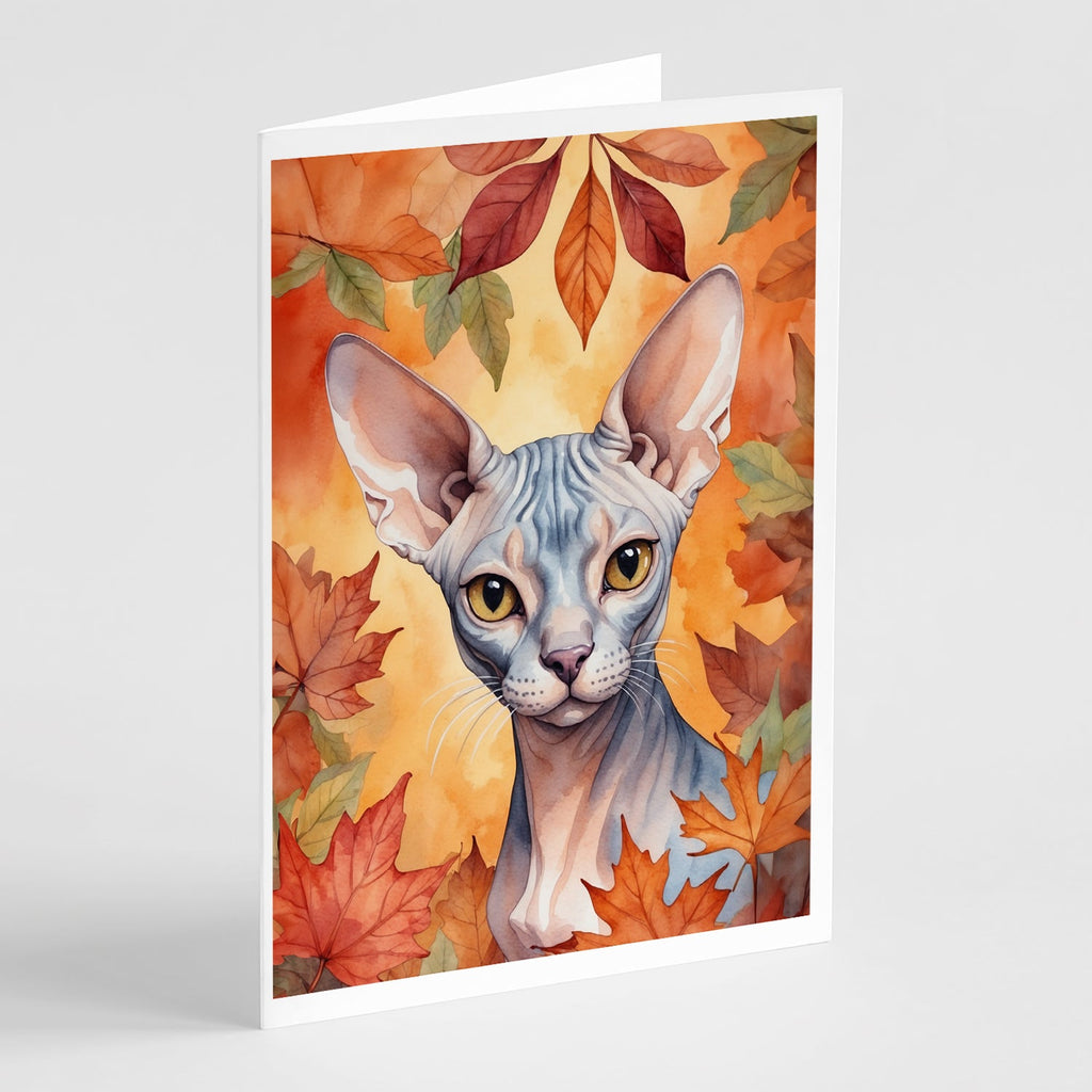 Sphynx Cat in Fall Leaves Greeting Cards Pack of 8 Blank Cards with Envelopes Whimsical A7 Size 5x7